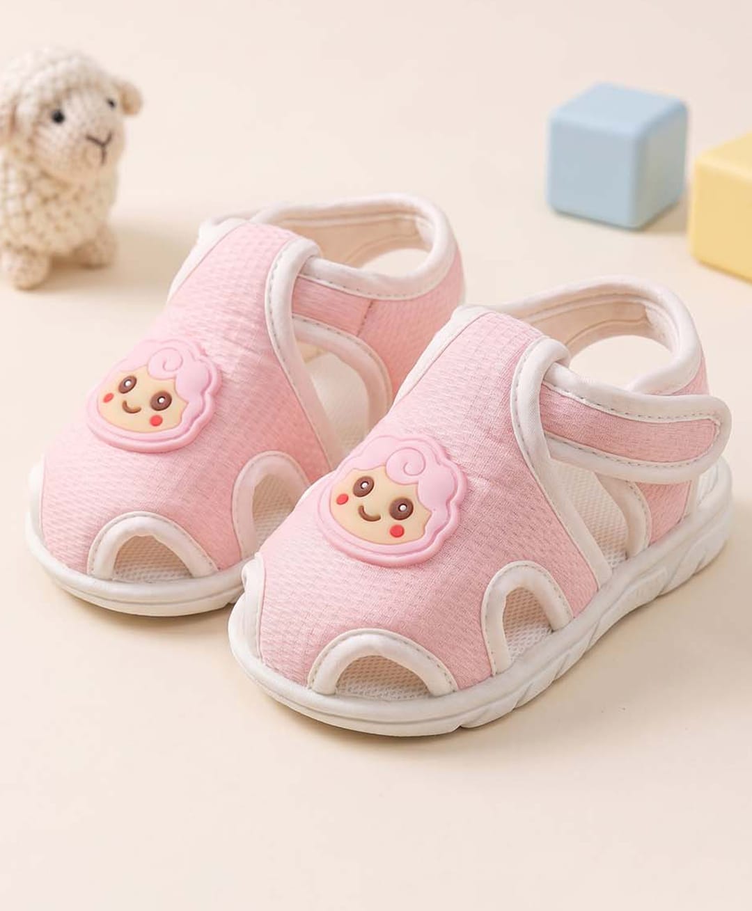 Baby Moo Lamb Applique Detailed Velcro Closure Anti Skid Booties - Pink-picture-4