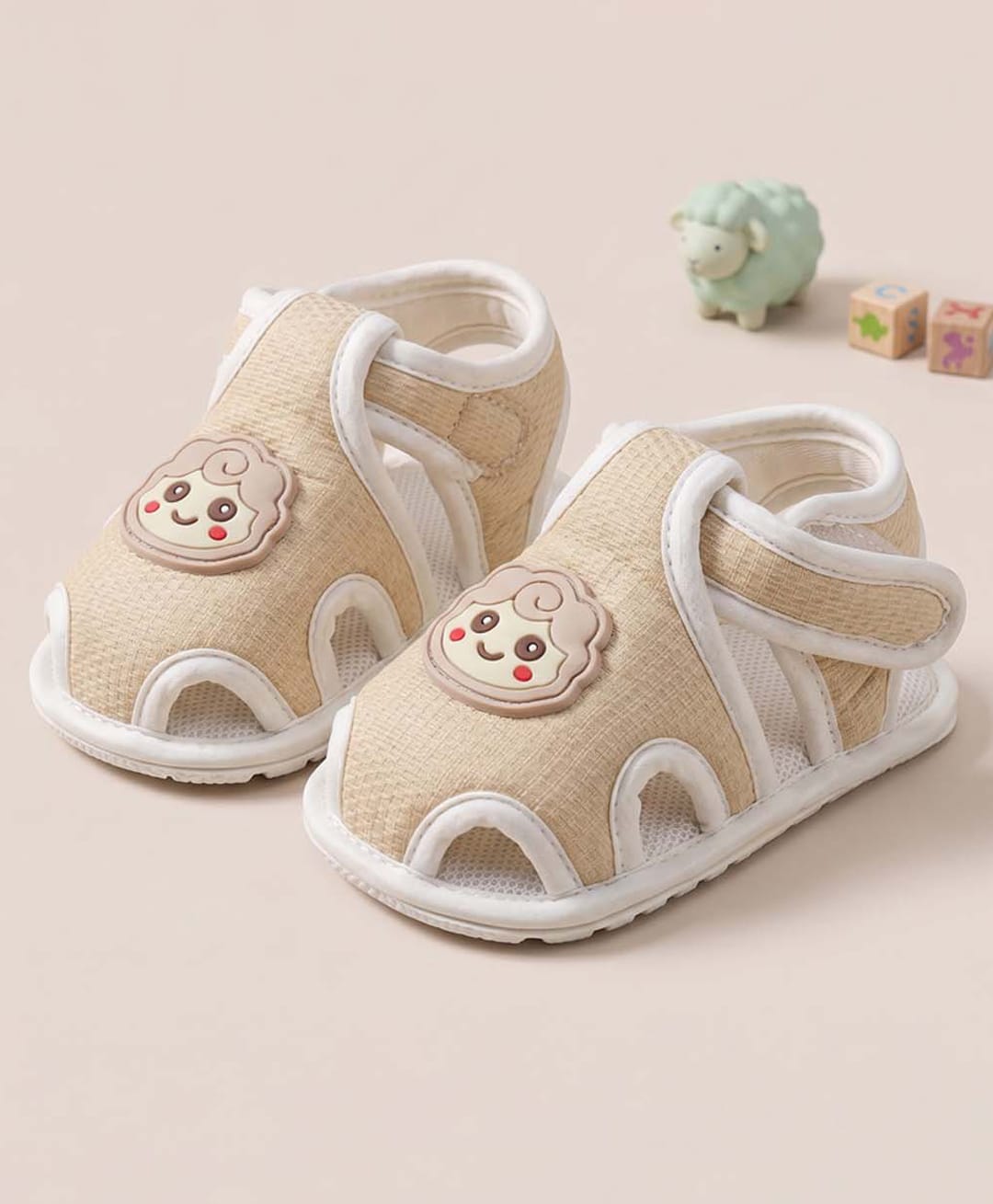 Baby Moo Lamb Applique Detailed Velcro Closure Anti Skid Booties - Beige-picture-46