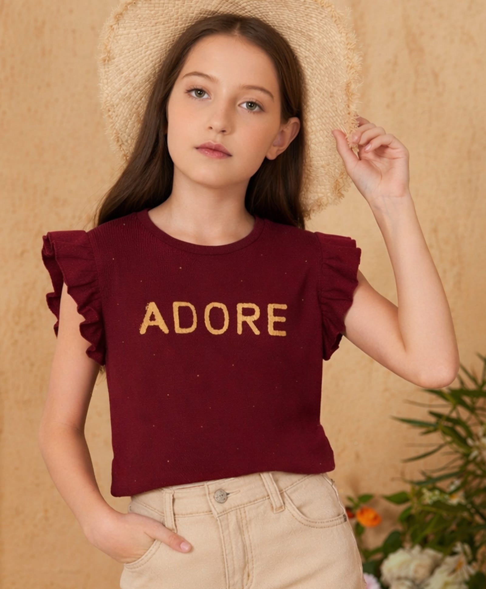 PURPLE UNITED KIDS Single Jersey Woven Frill Sleeves Adore Text Printed Top - Maroon-image-43