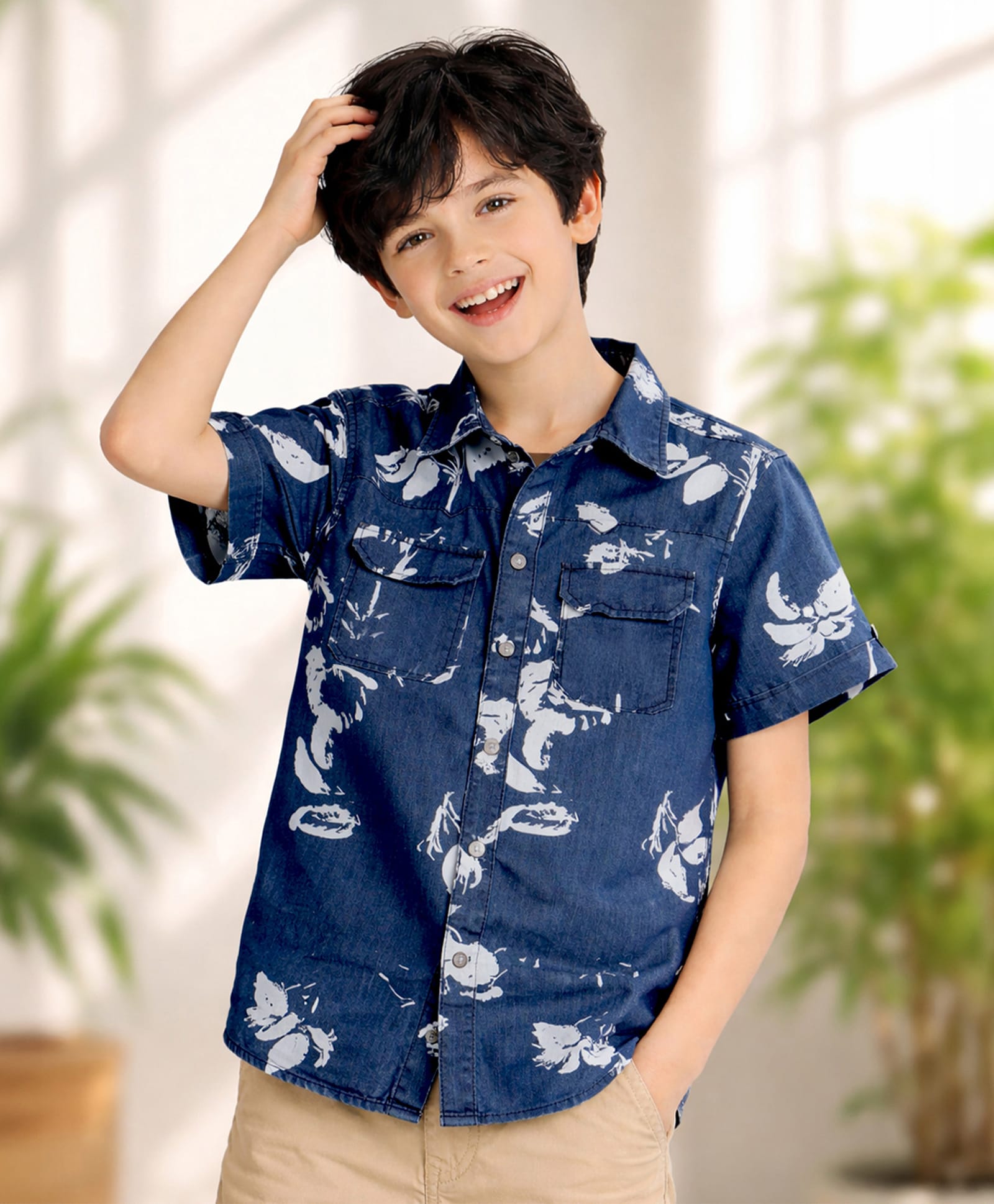 PURPLE UNITED KIDS Denim Woven Half Sleeves Floral Printed Shirt - Dark Blue-picture-14
