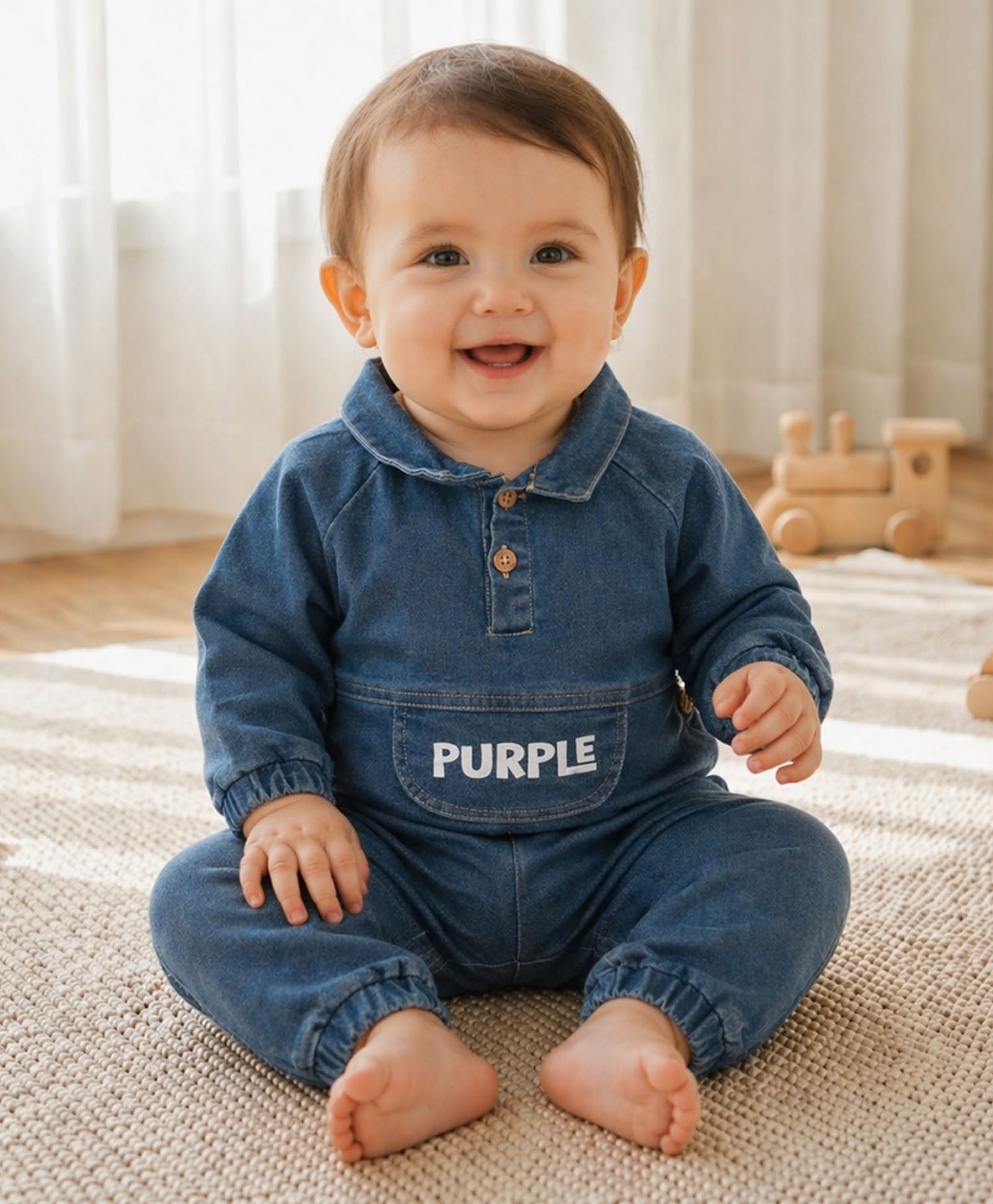 PURPLE UNITED KIDS Denim Woven Full Sleeves Purple Text Printed Tee & Pants Set - Mid Blue-picture-36