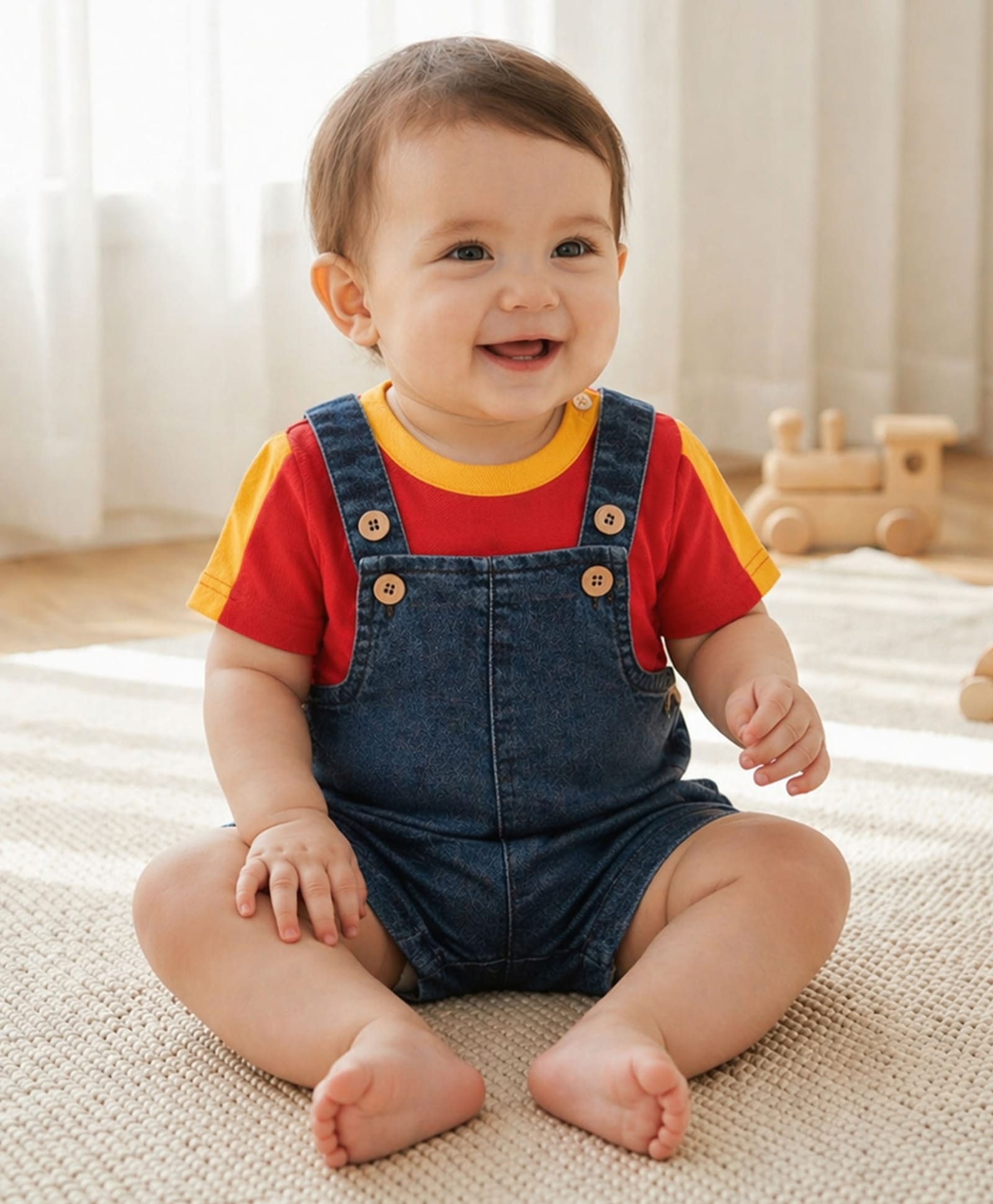PURPLE UNITED KIDS Single Jersey Woven Solid Dungaree With Half Sleeves Colour Blocked Tee - Red & Dark Blue-picture-13