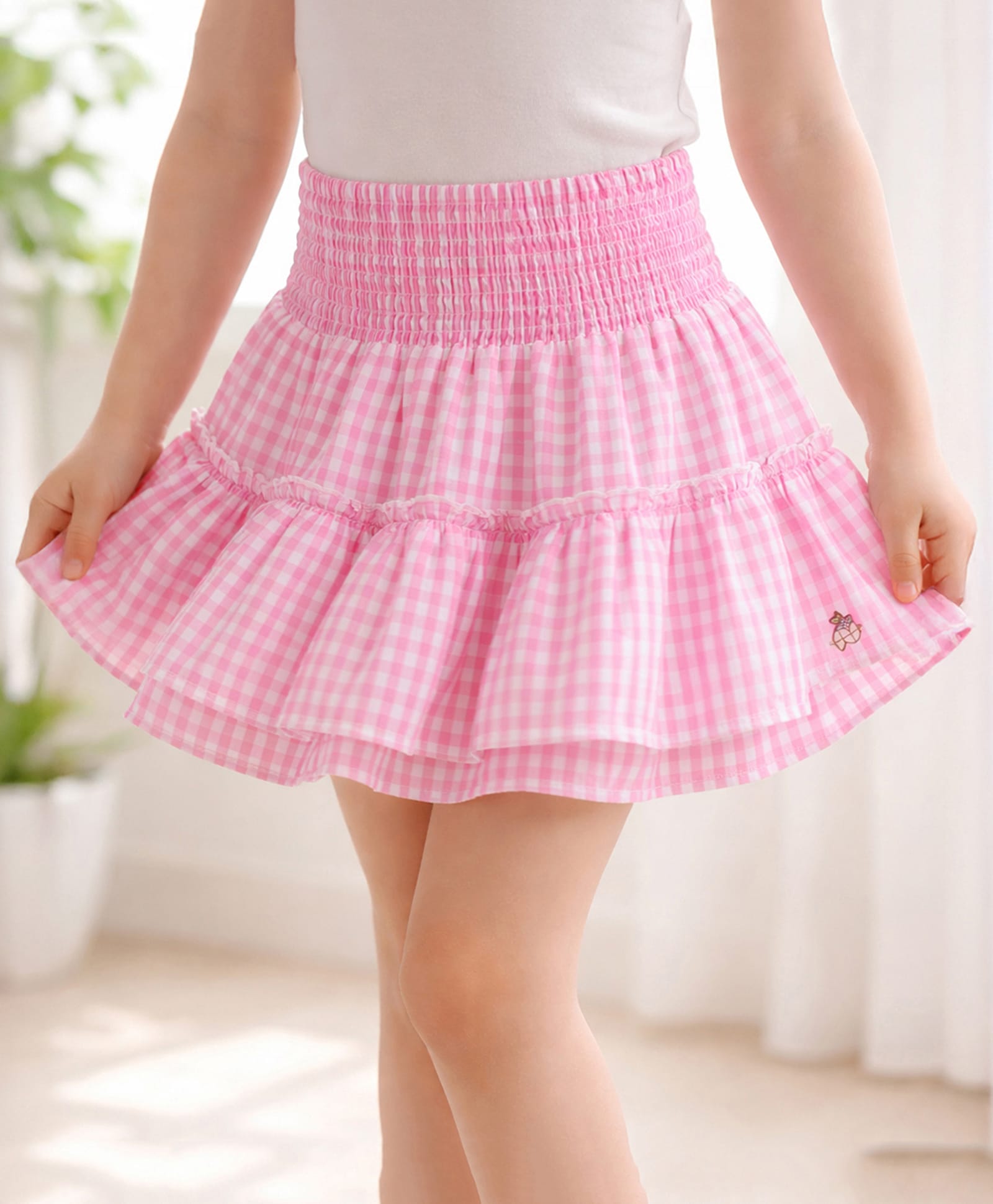 PURPLE UNITED KIDS Cotton Woven Gingham Checked Tiered Skirt - Pink-picture-27