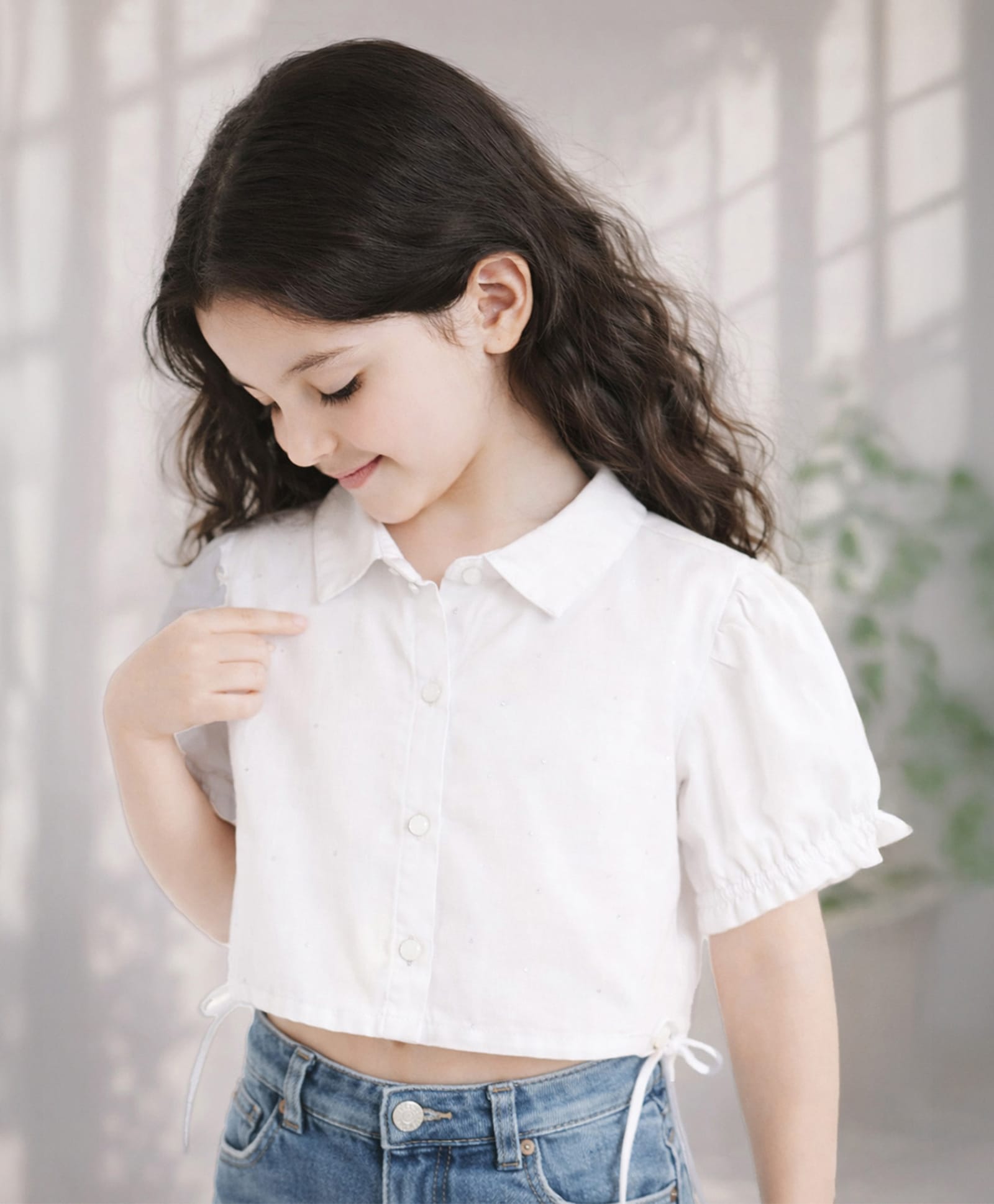 PURPLE UNITED KIDS Poplin Woven Half Puffed Sleeves Bow Applique Detailed Shirt Style Top - White-image-27