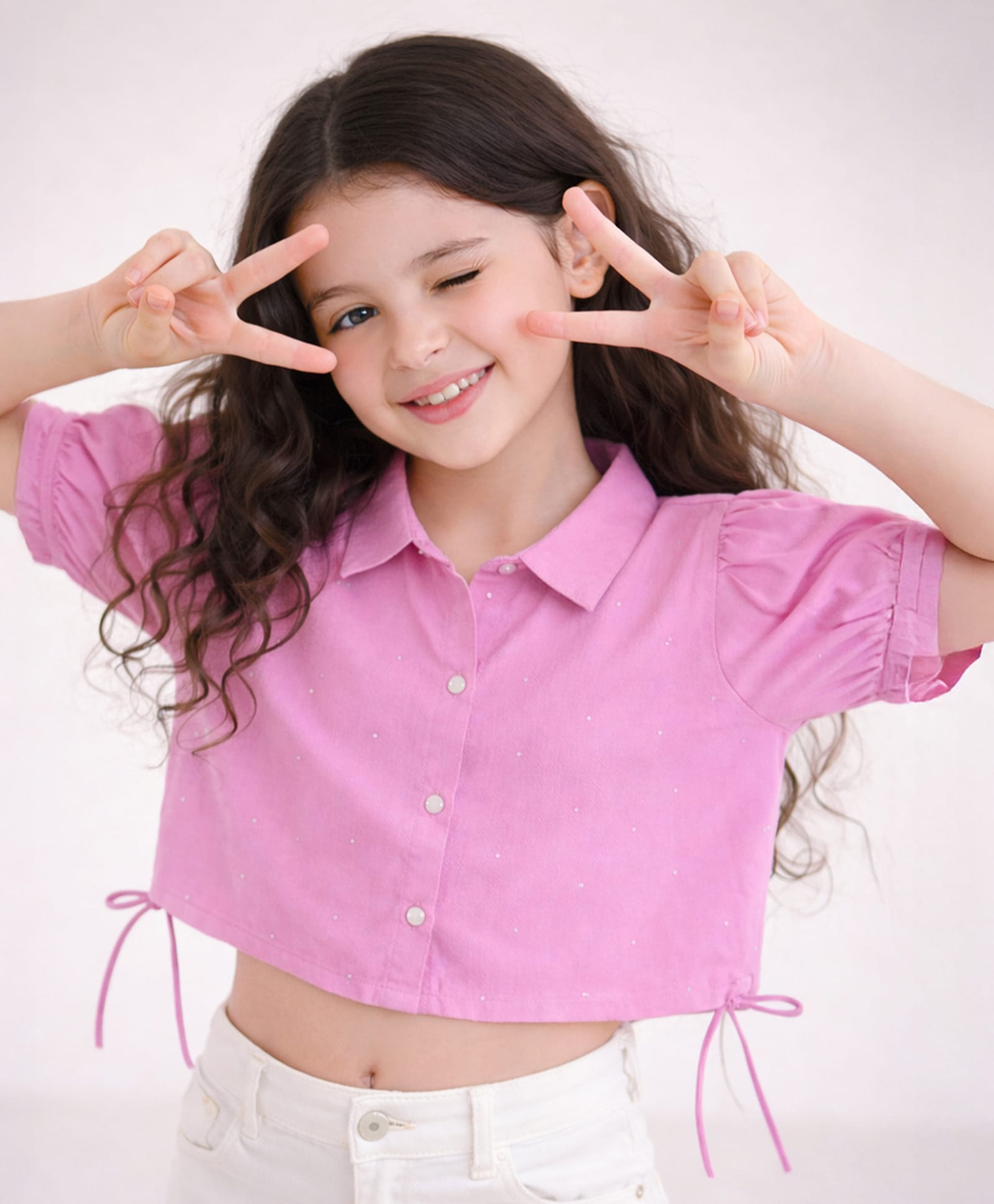 PURPLE UNITED KIDS Poplin Woven Half Puffed Sleeves Bow Applique Detailed Shirt Style Top - Pink-picture-20
