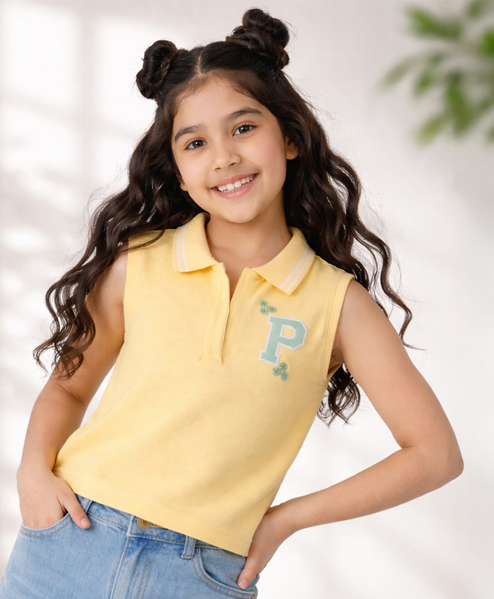 PURPLE UNITED KIDS Cotton Lycra Woven Sleeveless P Text Embroidered Top - Yellow-picture-32