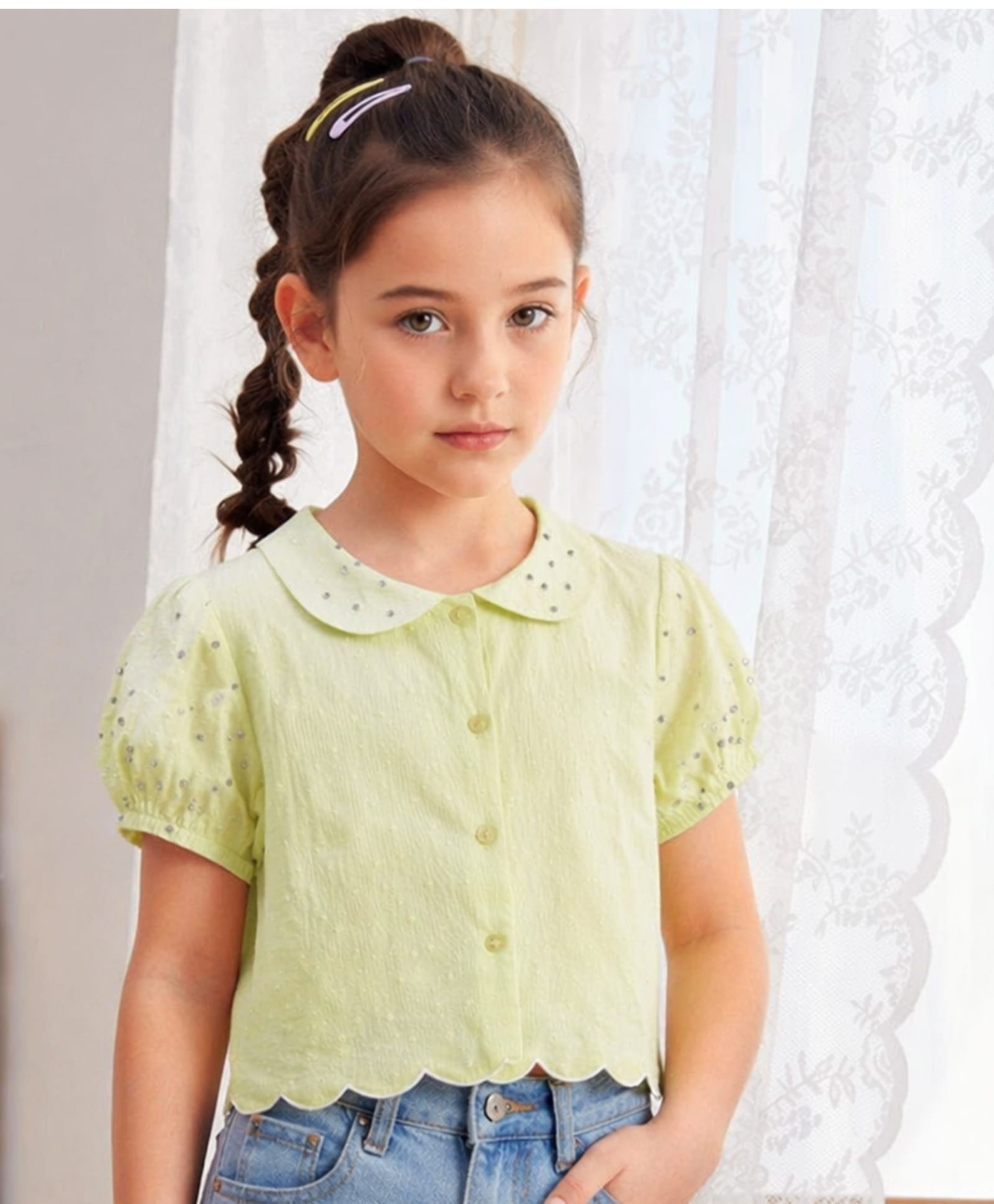 PURPLE UNITED KIDS Cotton Woven Half Sleeves Stones Embellished & Swiss Dots Printed Top - Light Green-picture-22