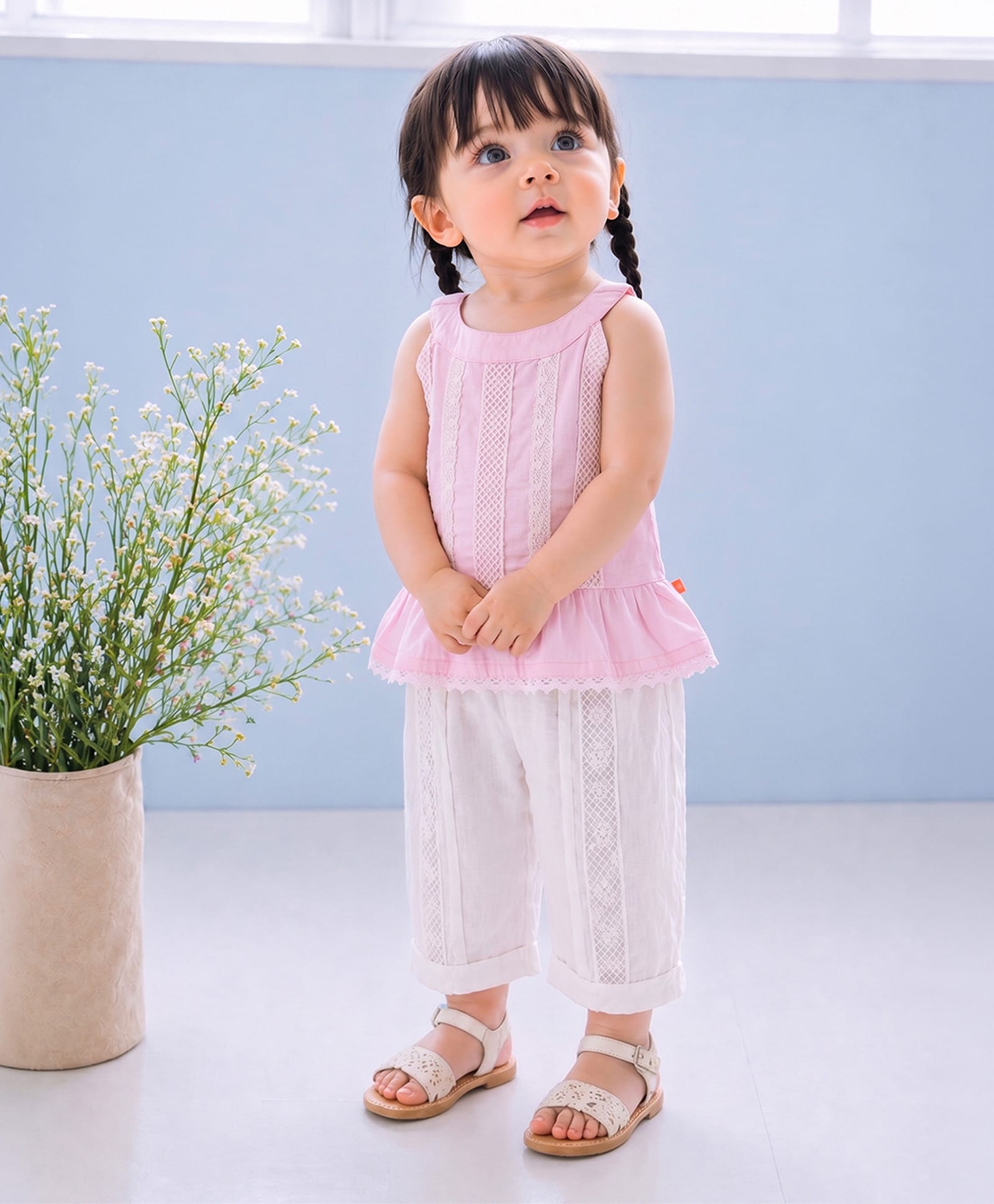 PURPLE UNITED KIDS Cotton Woven Sleeveless Lace Embellished Top & Pant Set - Light Pink & White-image-38