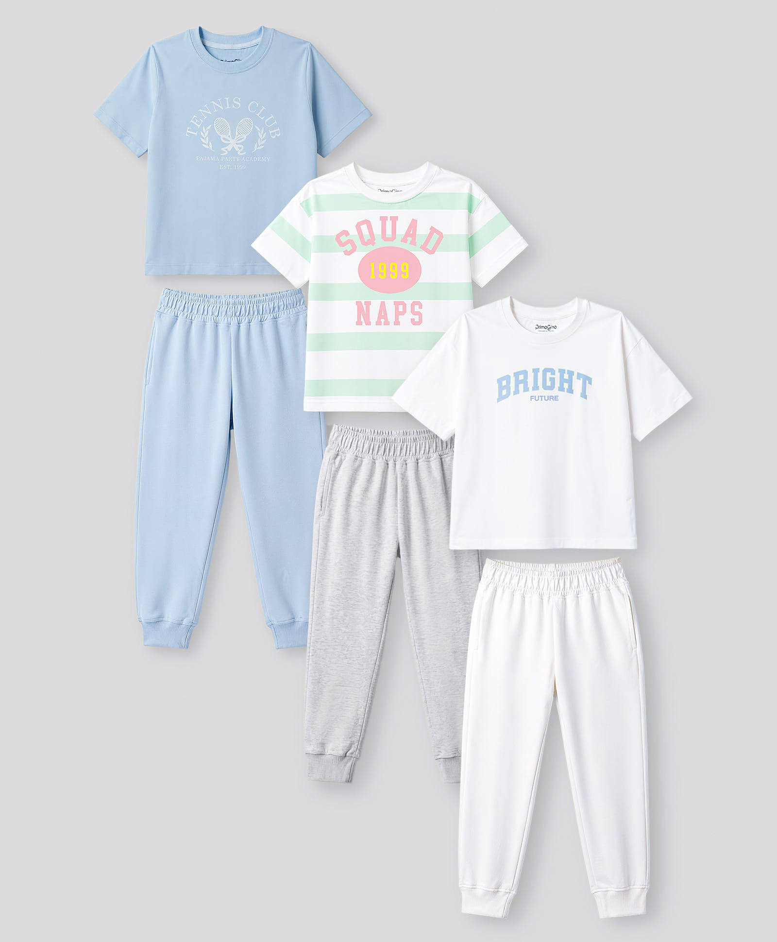 Primo Gino 100% Cotton Knit Half Sleeves T-Shirt with Chest Print and Solid Color Pyjama Night Suit Pack of 3 - White Blue & Green