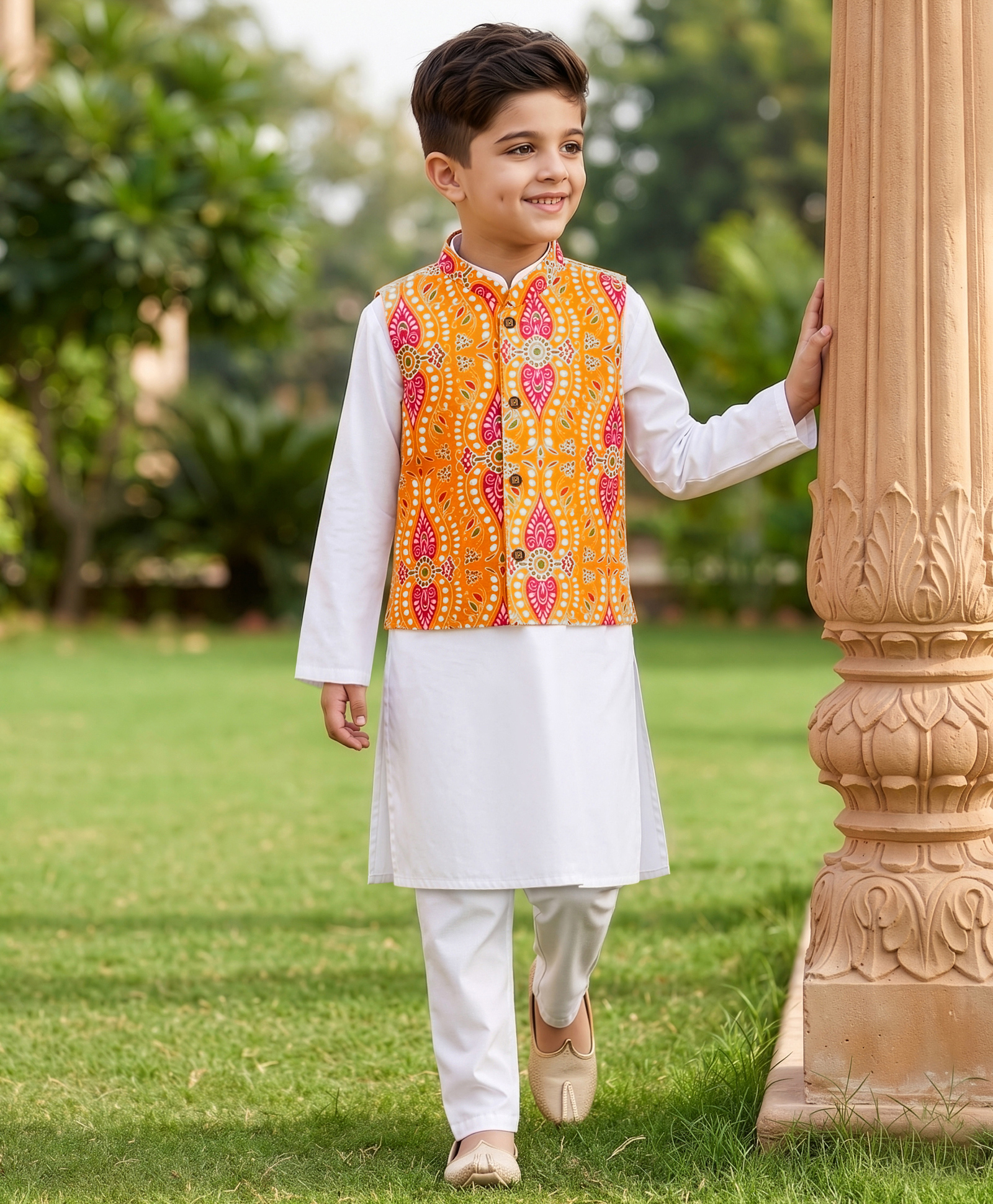 EARTHY TOUCH Cotton Woven Full Sleeves Floral Printed Kurta Pyjama Set With Jacket - Yellow-picture-14
