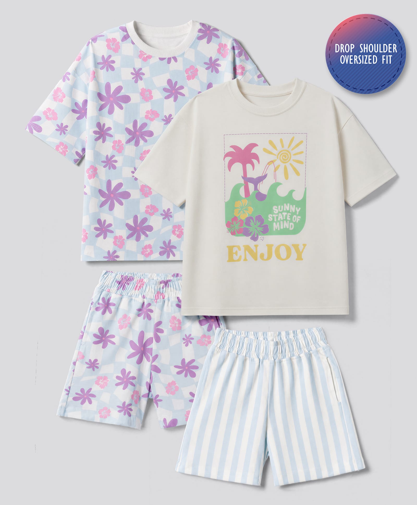 Primo Gino 100% Cotton Knit Half Sleeves Co-Ords T-Shirt & Shorts Night Suit with Floral & Tropical Print Pack of 2 - White & Sky Blue-image-45
