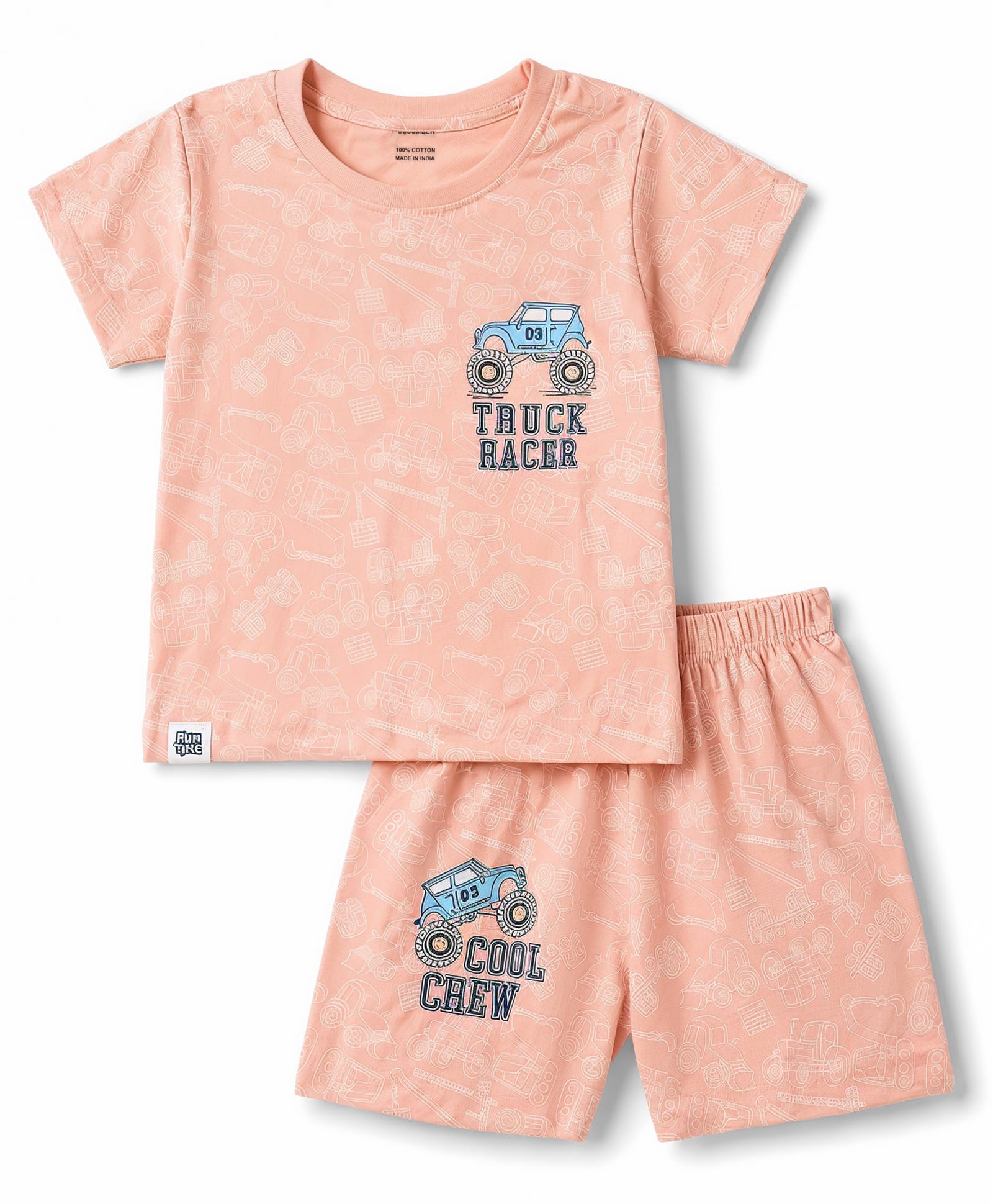CUCUMBER Sinker Knit Half Sleeves Vehicles Printed Co-Ords T-Shirt & Shorts Set - Peach-picture-43