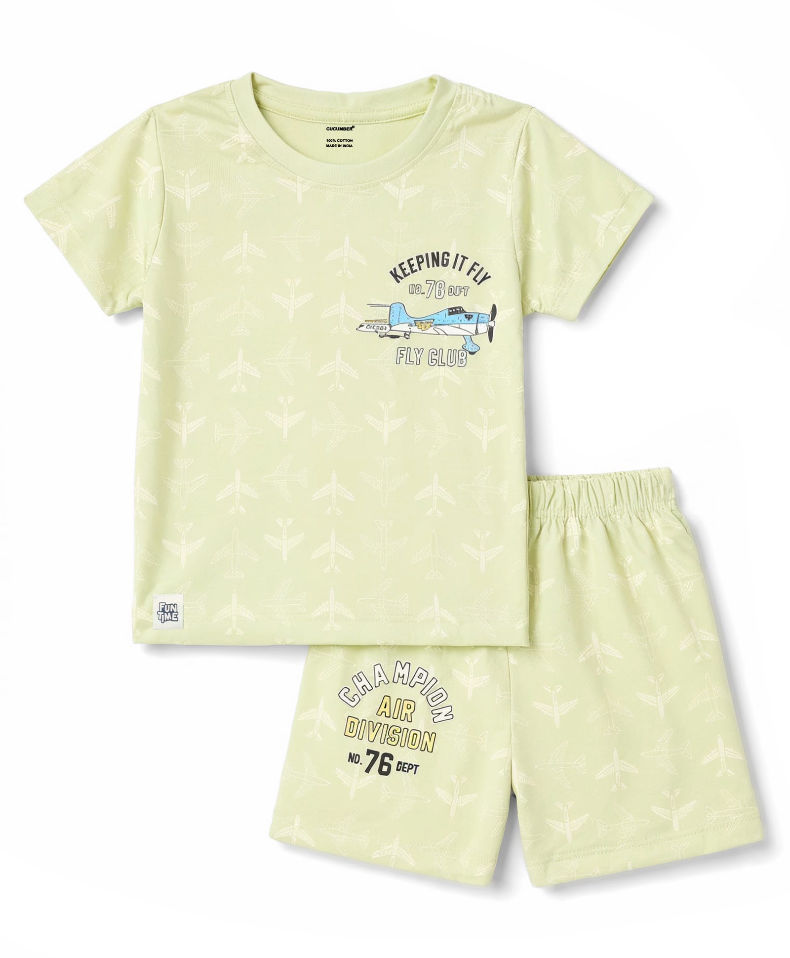 CUCUMBER Sinker Knit Half Sleeves T-Shirt & Shorts Set with Airplane Print - Light Green-picture-21