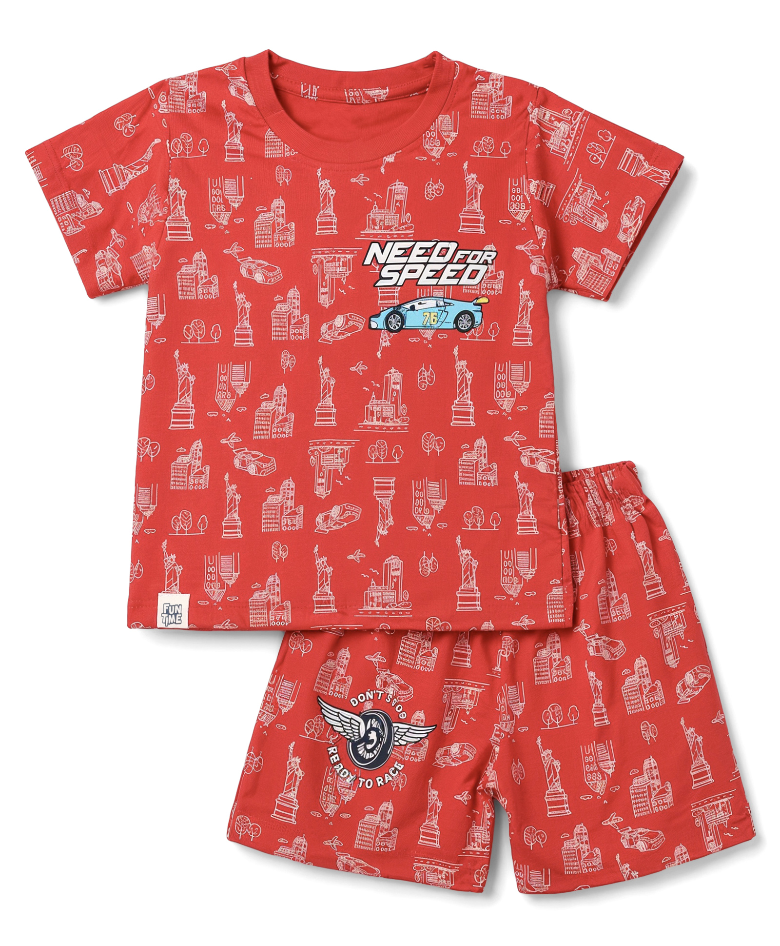 CUCUMBER Sinker Knit Half Sleeves Vehicles Printed Co-Ords T-Shirt & Shorts Set - Red-picture-11