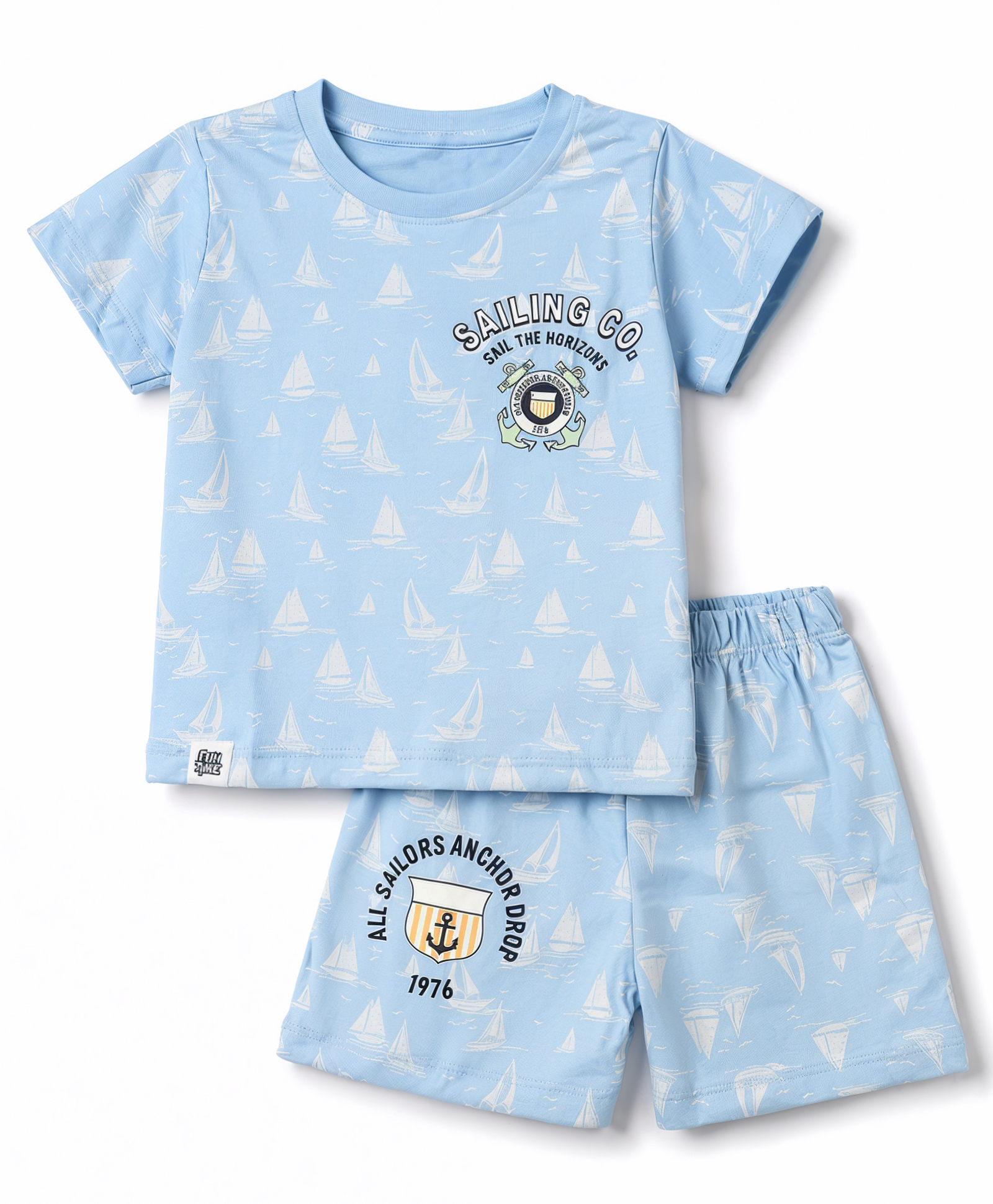 CUCUMBER Sinker Knit Half Sleeves Nautical Theme Printed Co-Ords T-Shirt & Shorts Set - Light Blue-picture-28