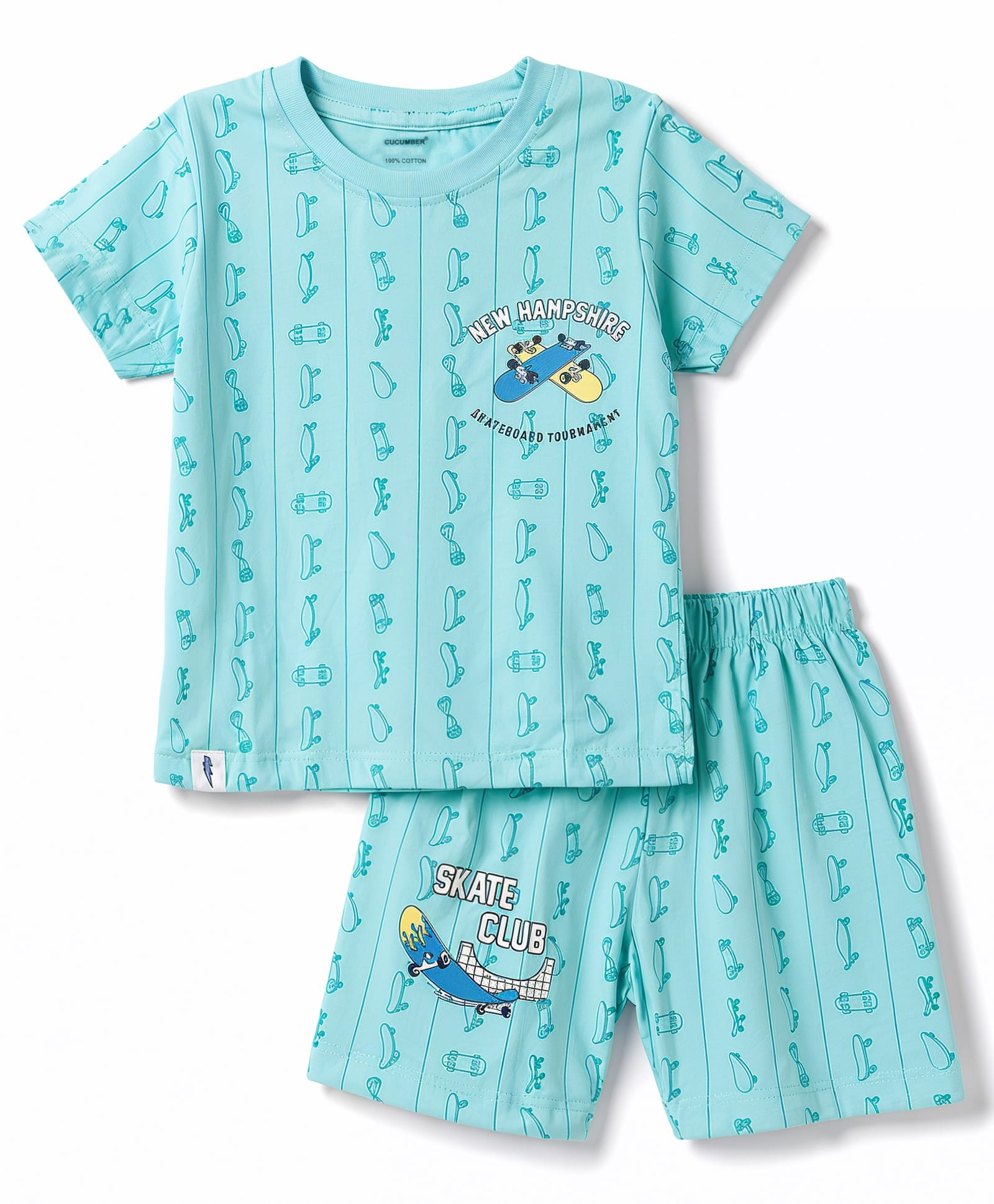 CUCUMBER Sinker Knit Half Sleeves Skates Printed Co-Ords T-Shirt & Shorts Set - Mint-picture-20