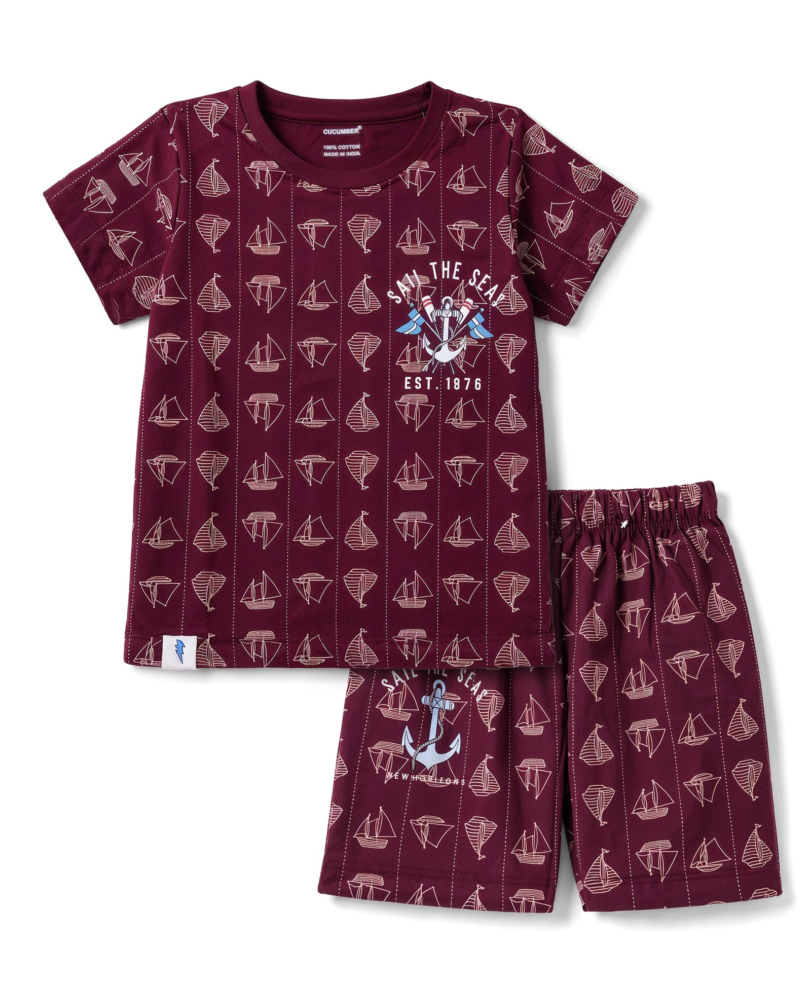 CUCUMBER Sinker Knit Half Sleeves Nautical Theme Printed Co-Ords T-Shirt & Shorts Set - Maroon-image-14