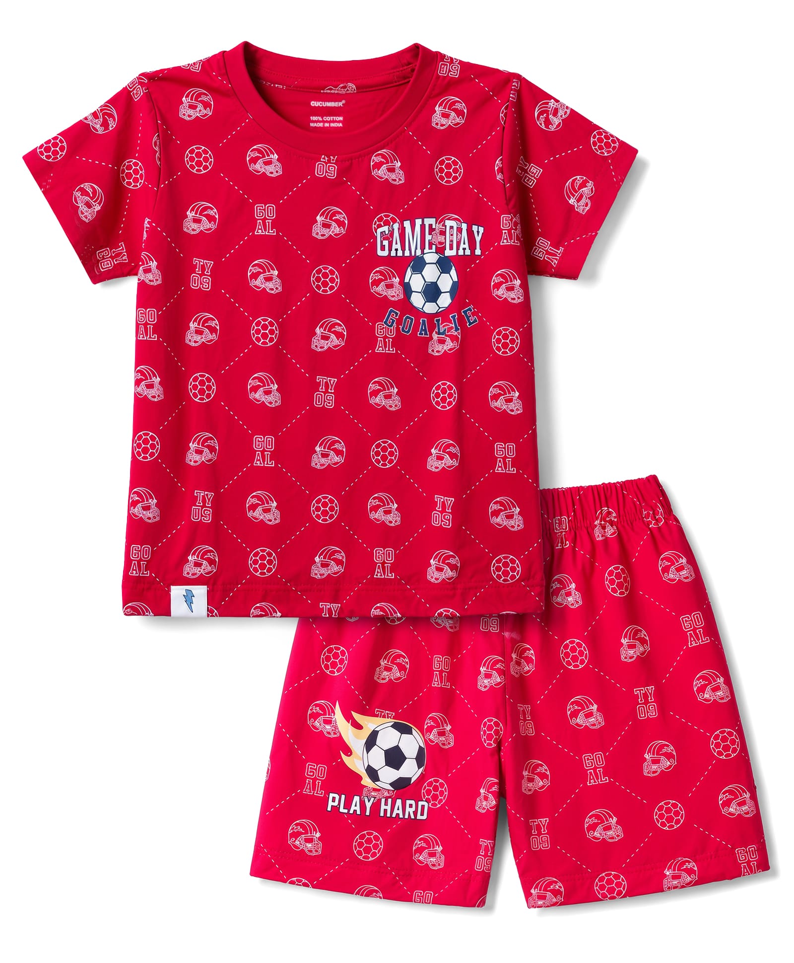 CUCUMBER Sinker Knit Half Sleeves Sports Theme Printed T-Shirt & Shorts Set - Red-picture-16