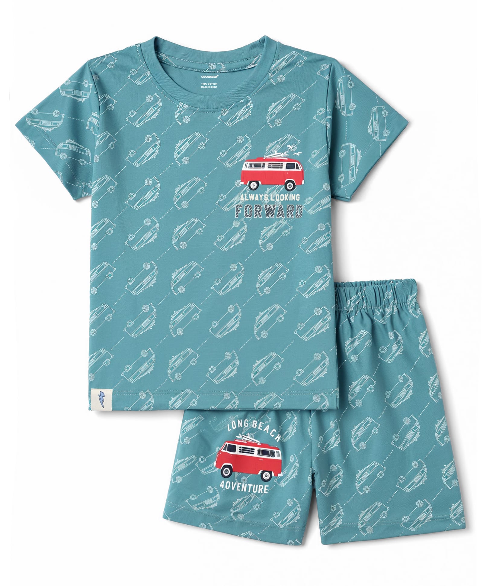 CUCUMBER Sinker Knit Half Sleeves T-Shirt & Shorts Set with Bus Print - Turquoise-picture-28