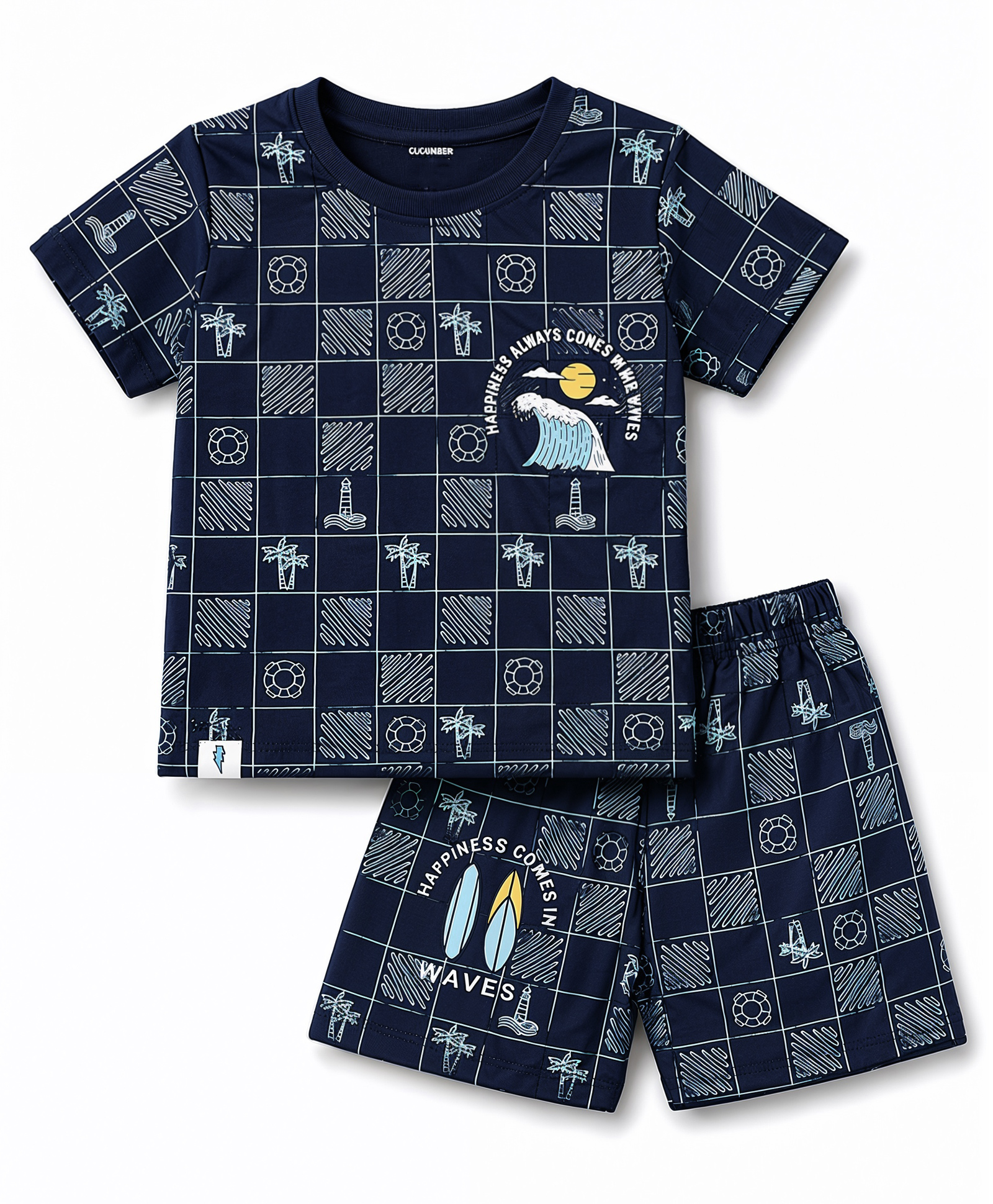 CUCUMBER Sinker Knit Half Sleeves Beach Theme & Checked Printed Co-Ords T-Shirt & Shorts Set - Navy Blue-image-30
