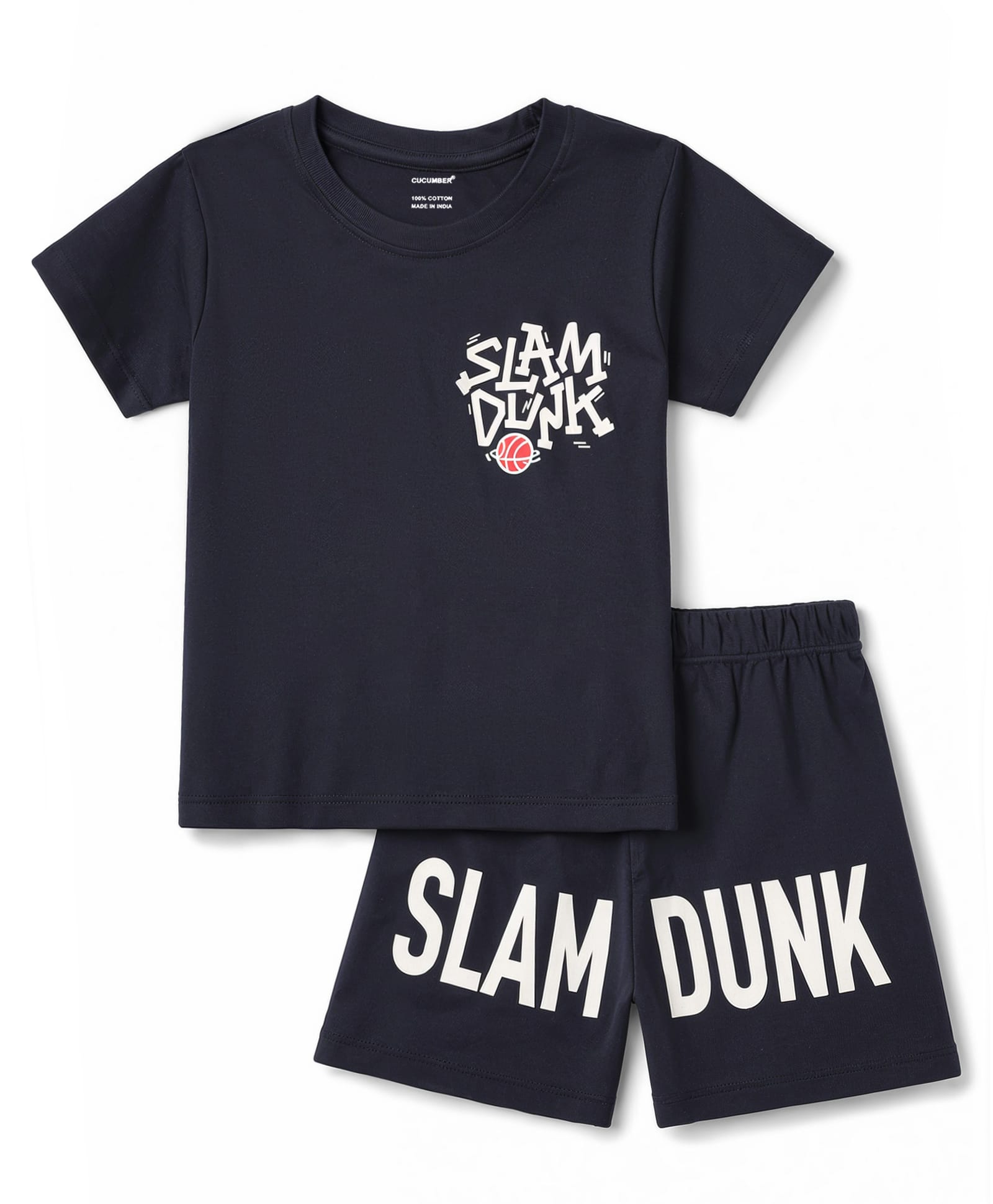 CUCUMBER Sinker Knit Half Sleeves Text Printed T-Shirt & Shorts Night Suit - Navy-image-13