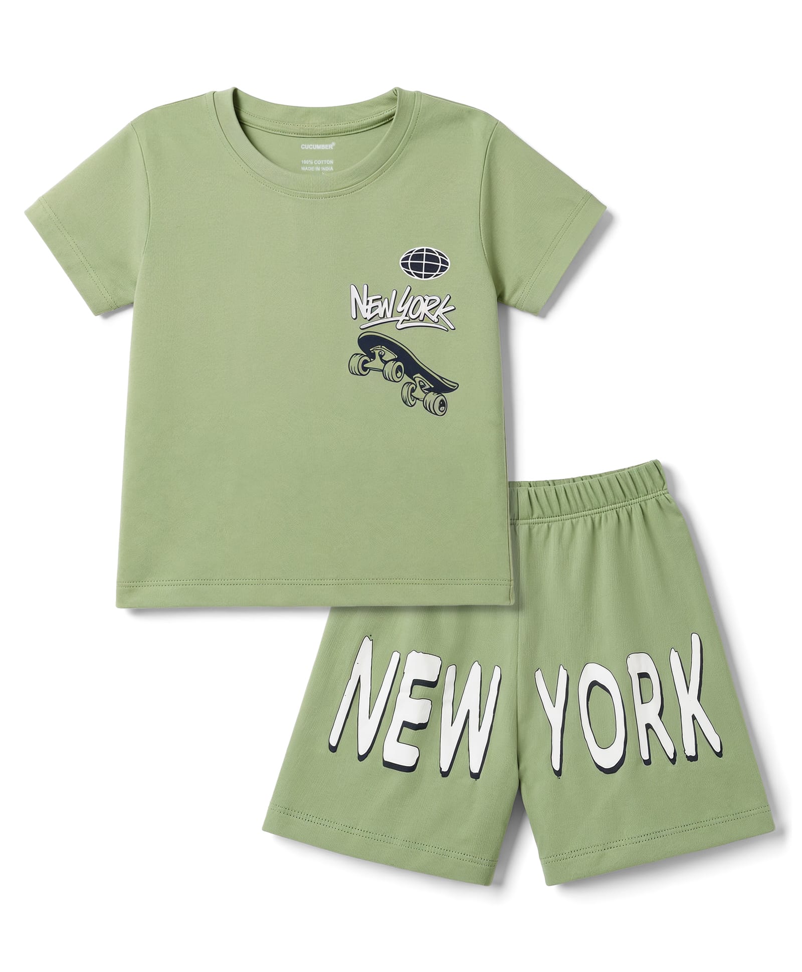 CUCUMBER Sinker Knit Half Sleeves T-shirt & Shorts Night Suit With New York Print - Green-image-27