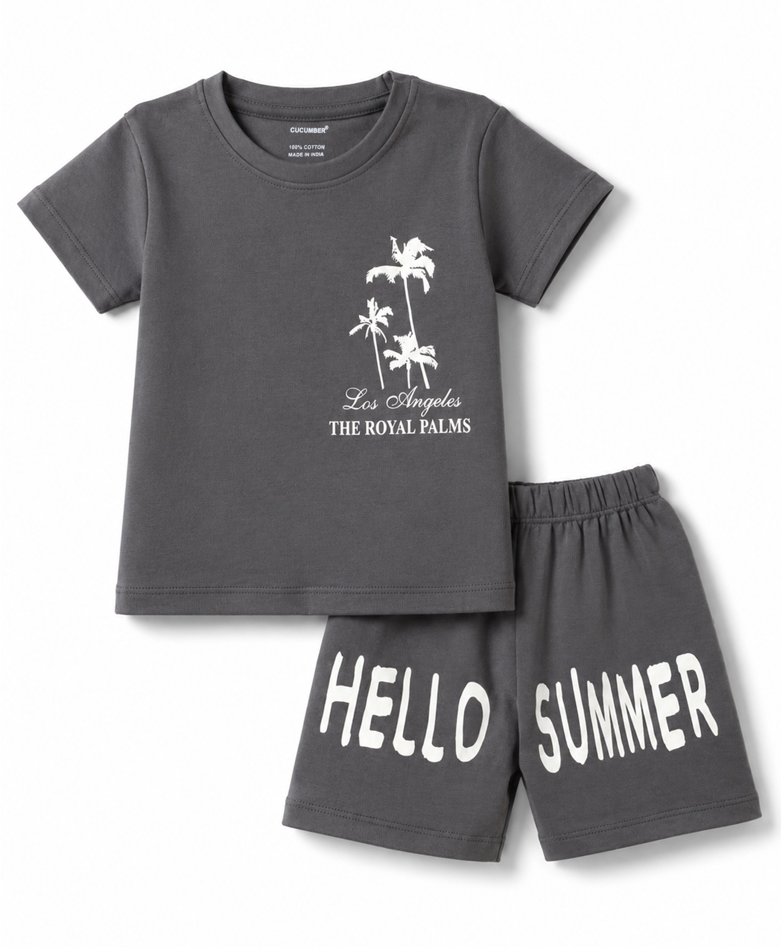 CUCUMBER Sinker Knit Half Sleeves T-shirt & Shorts Night Suit With Hello Summer Print - Grey-image-39