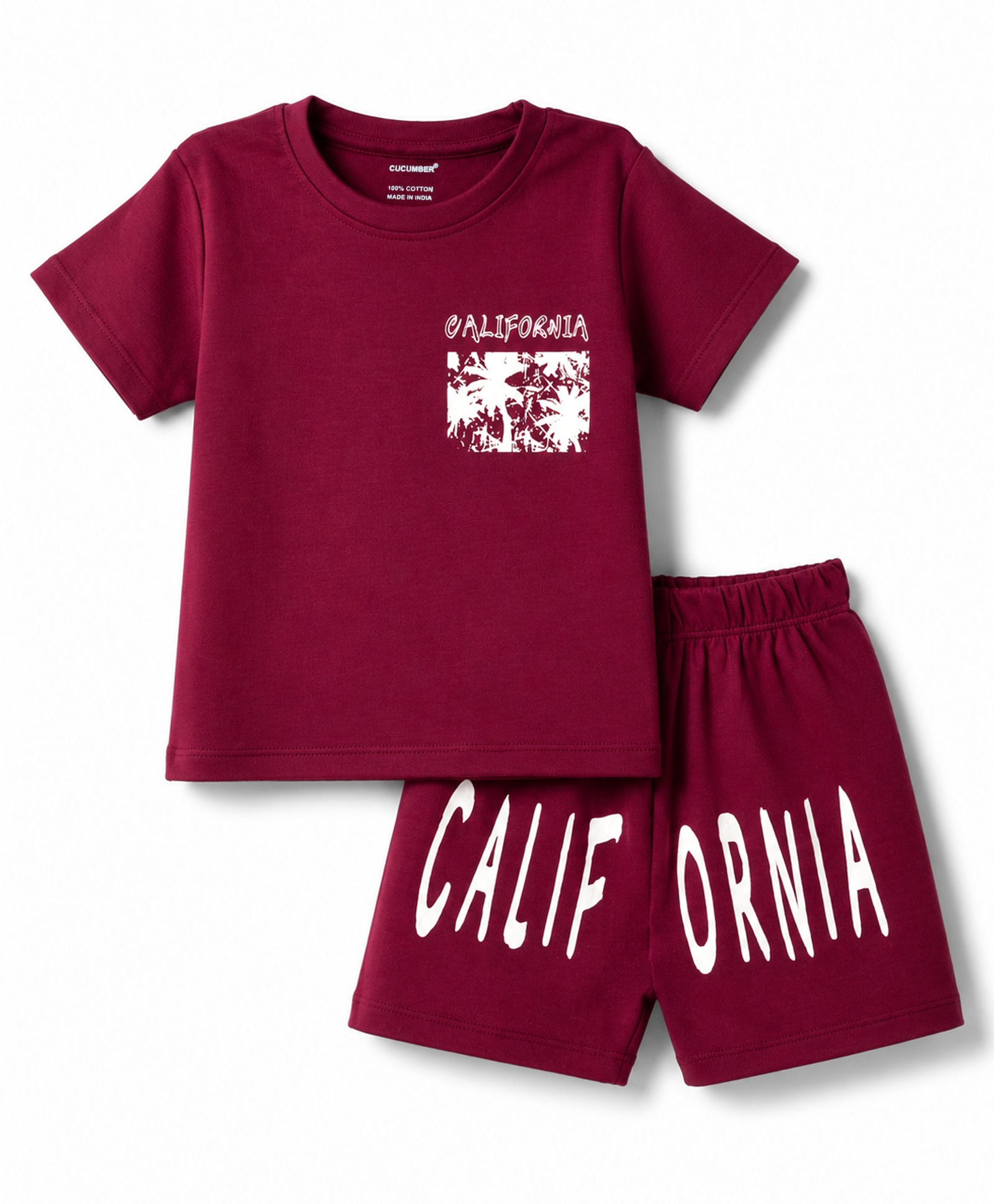 CUCUMBER Sinker Knit Half Sleeves T-shirt & Shorts Night Suit With California Print - Dark Red-image-24