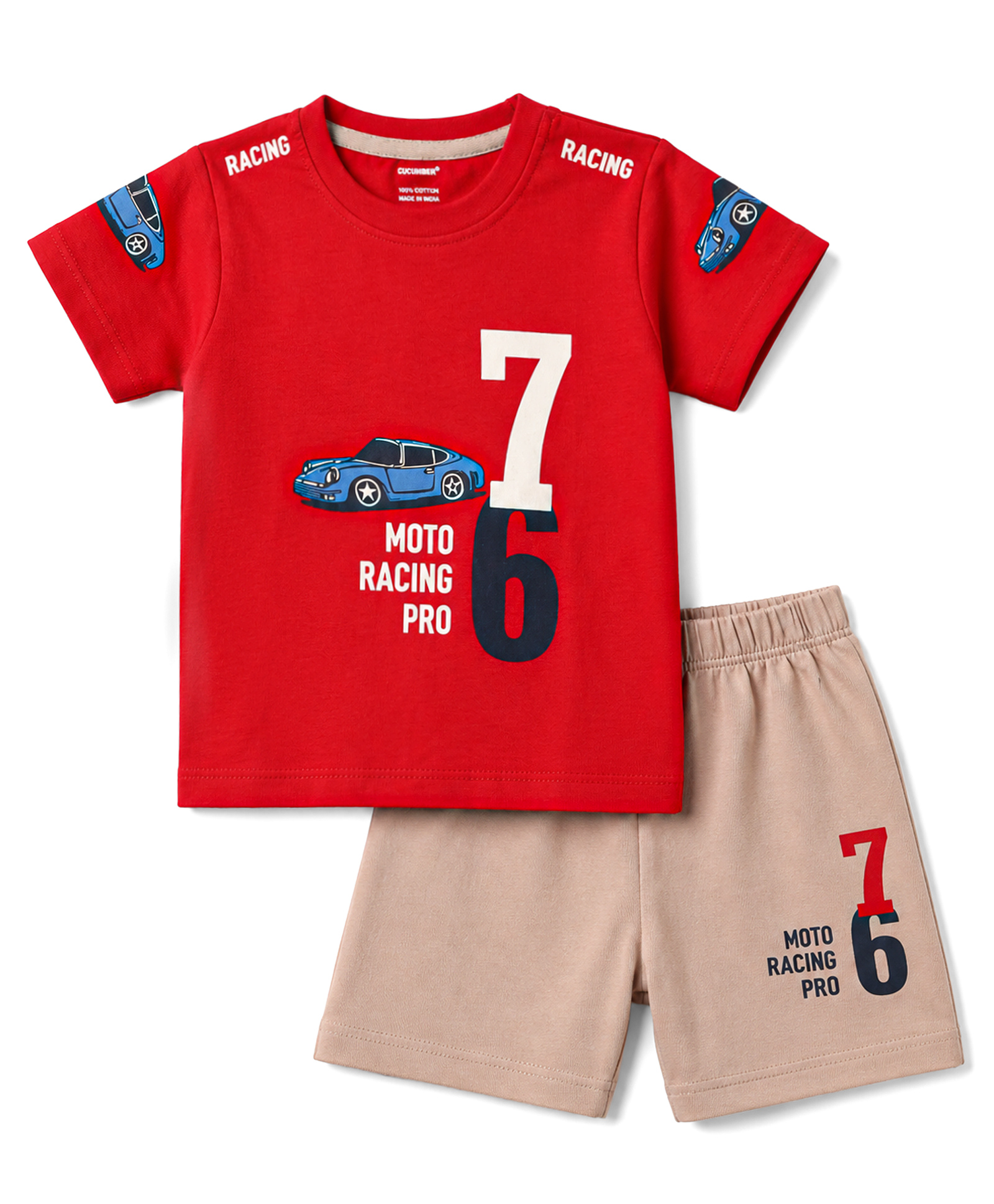 CUCUMBER Sinker Knit Half Sleeves Vehicles & Text Printed T-Shirt & Shorts Set - Red-picture-18