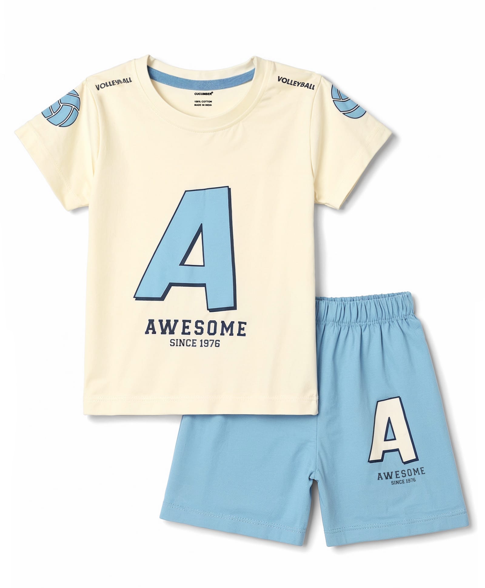 CUCUMBER Sinker Knit Half Sleeves T-Shirt & Shorts Set with Awesome Text Print - Cream-picture-14