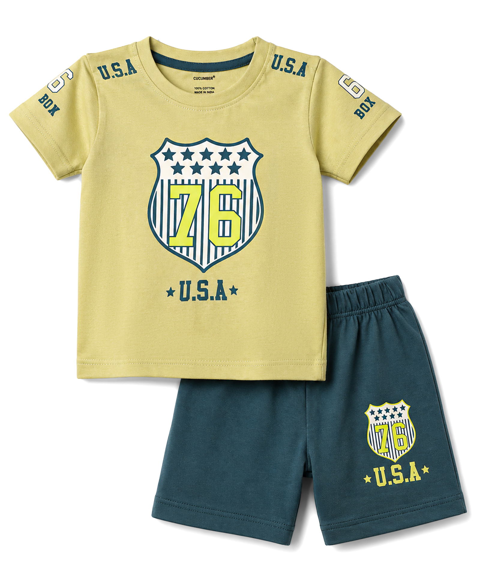 CUCUMBER Sinker Knit Half Sleeves Text Printed T-Shirt & Shorts Set - Light Green-picture-31