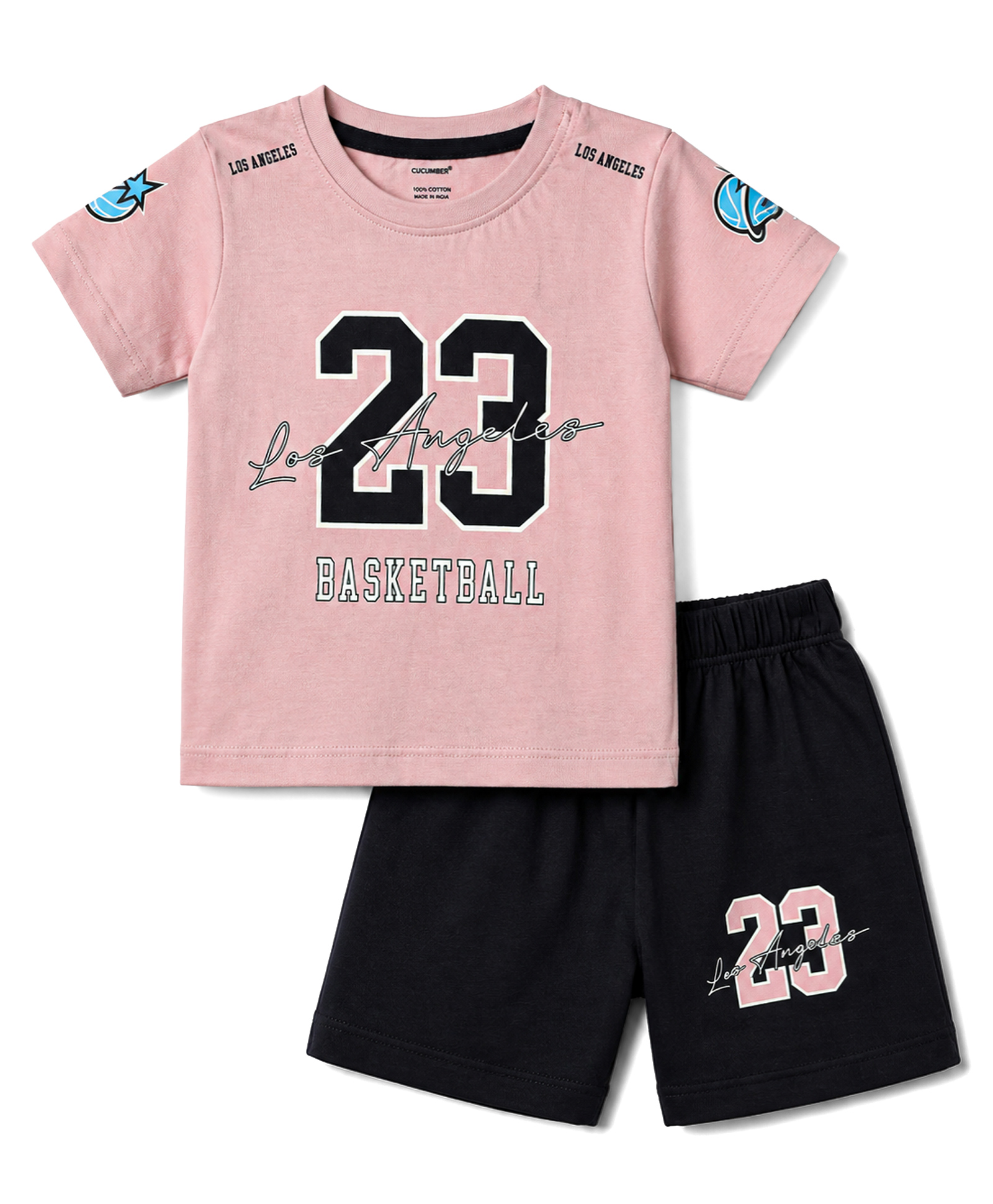 CUCUMBER Sinker Knit Half Sleeves Text Printed T-Shirt & Shorts Set - Light Pink-image-30