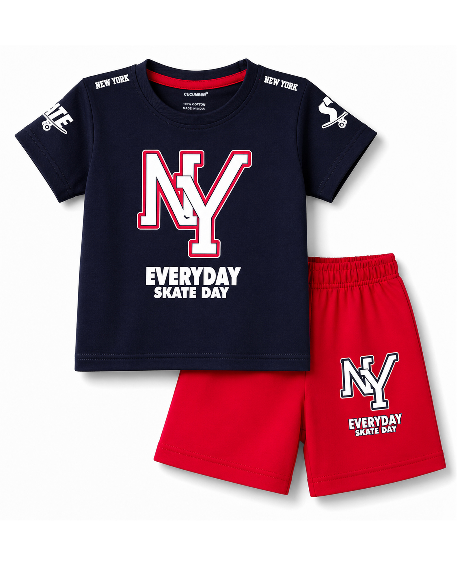 CUCUMBER Sinker Knit Half Sleeves Text Printed T-Shirt & Shorts Set - Navy Blue-image-5