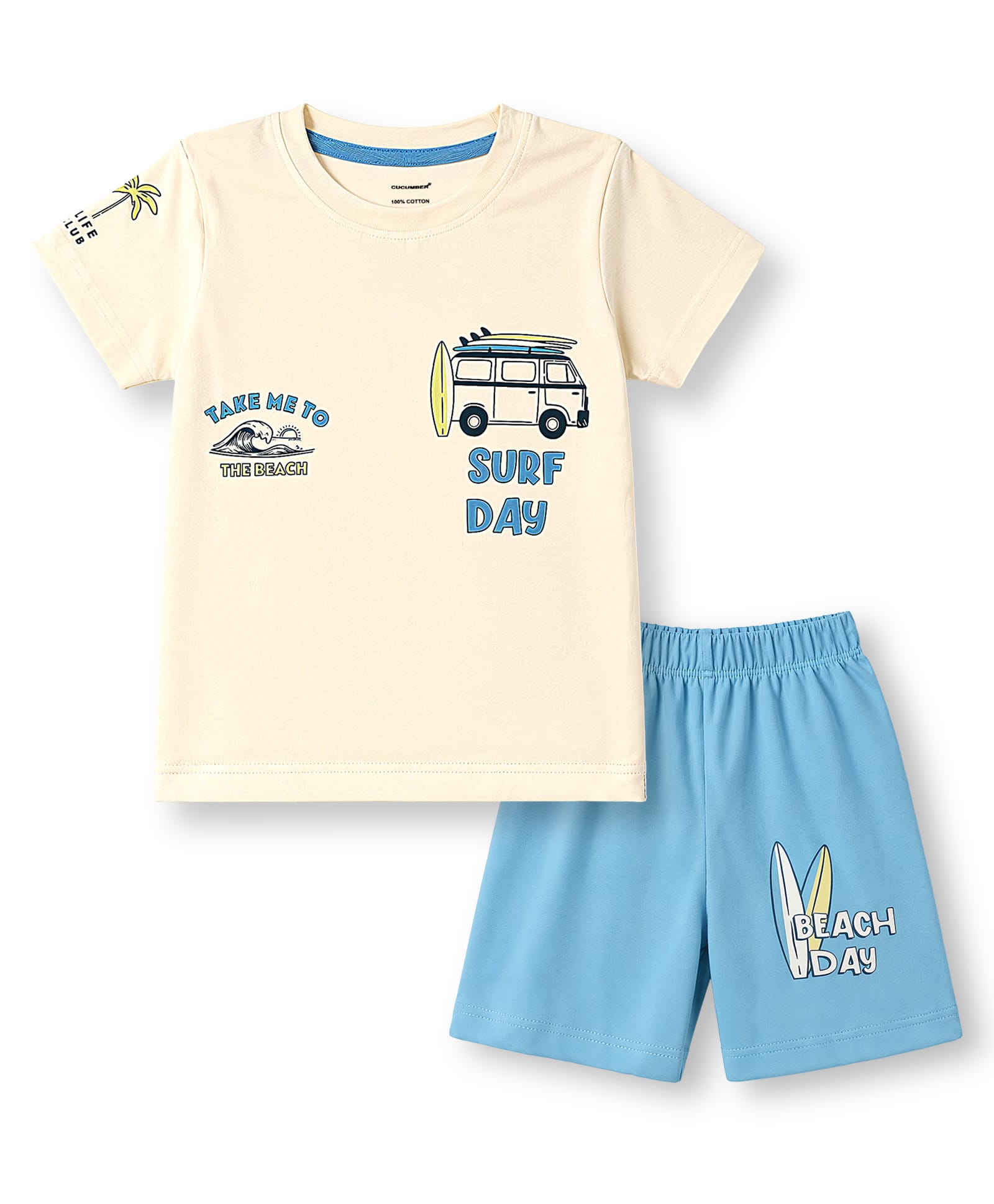 CUCUMBER Sinker Knit Half Sleeves Beach Theme Printed T-Shirt & Shorts Set - Cream-picture-11