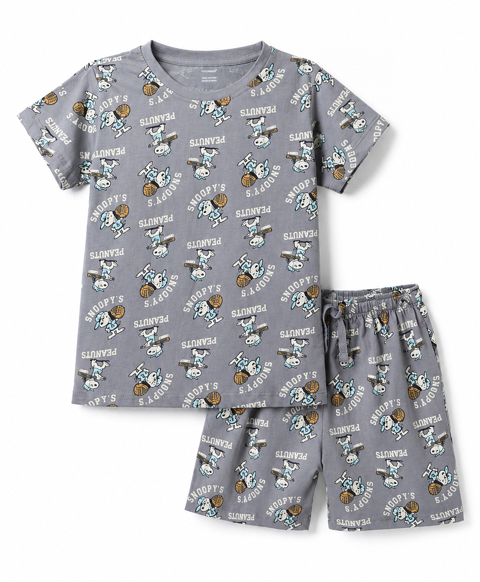 CUCUMBER Sinker Knit Half Sleeves Co-Ords Snoopy Printed T-Shirt & Shorts Night Suit -Grey-picture-23