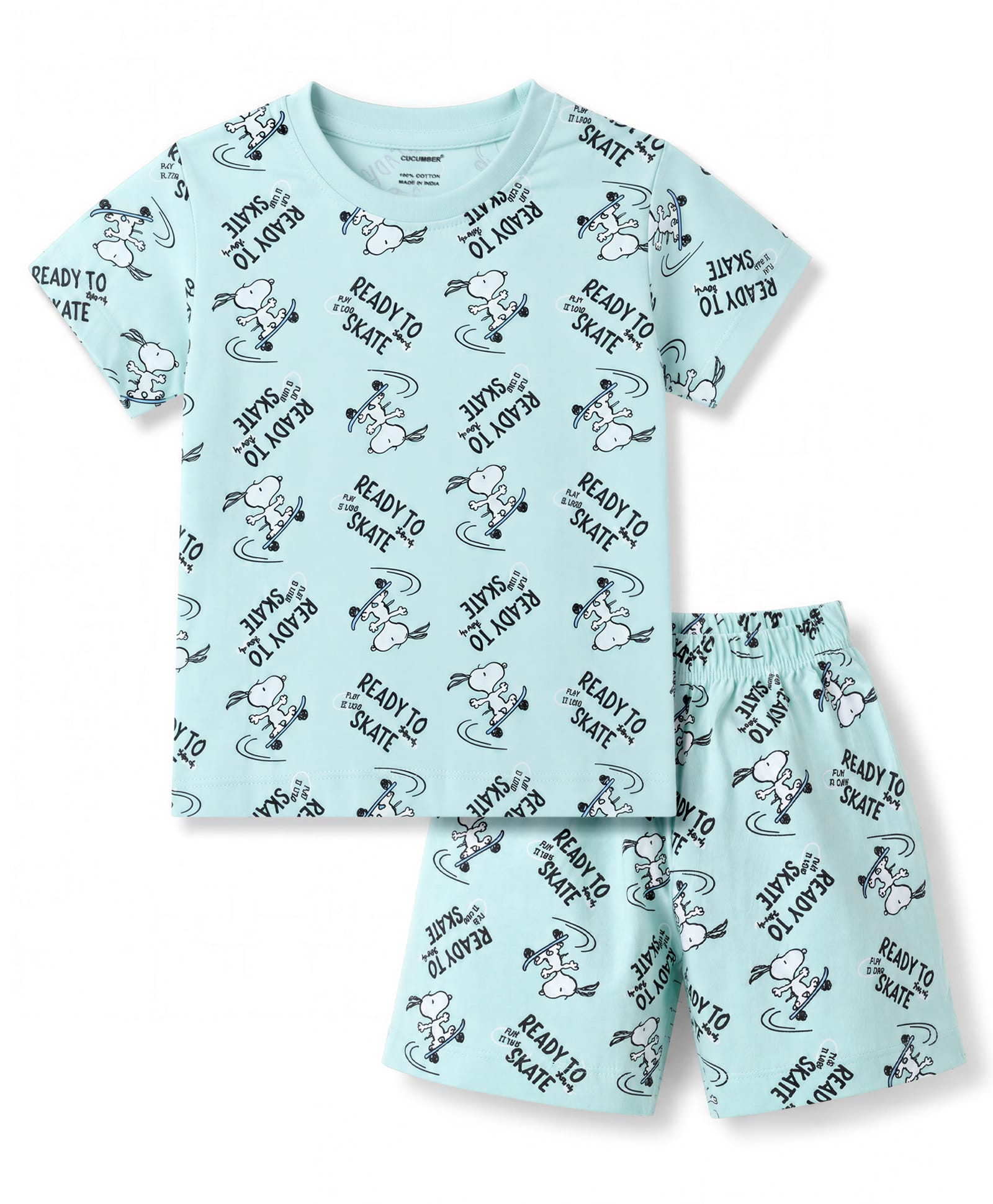 CUCUMBER Sinker Knit Half Sleeves Co-Ords Snoopy Printed T-Shirt & Shorts Night Suit - Light Blue-picture-16