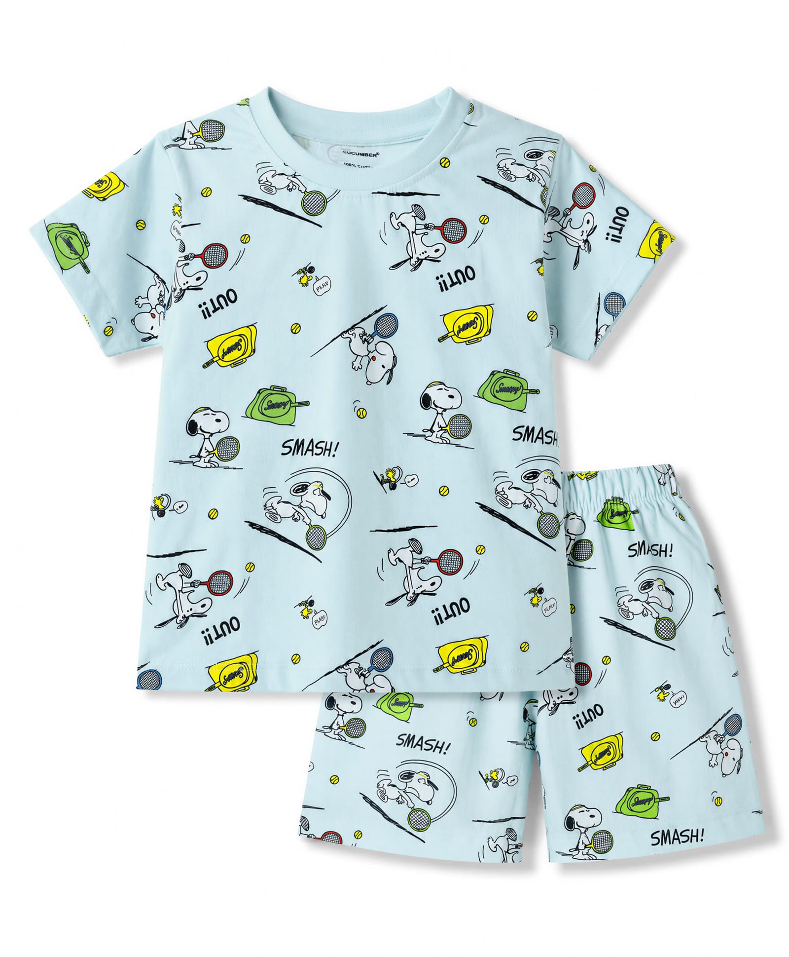 CUCUMBER Sinker Knit Half Sleeves Co-Ords Snoopy Printed T-Shirt & Shorts Night Suit - Light Green-image-21