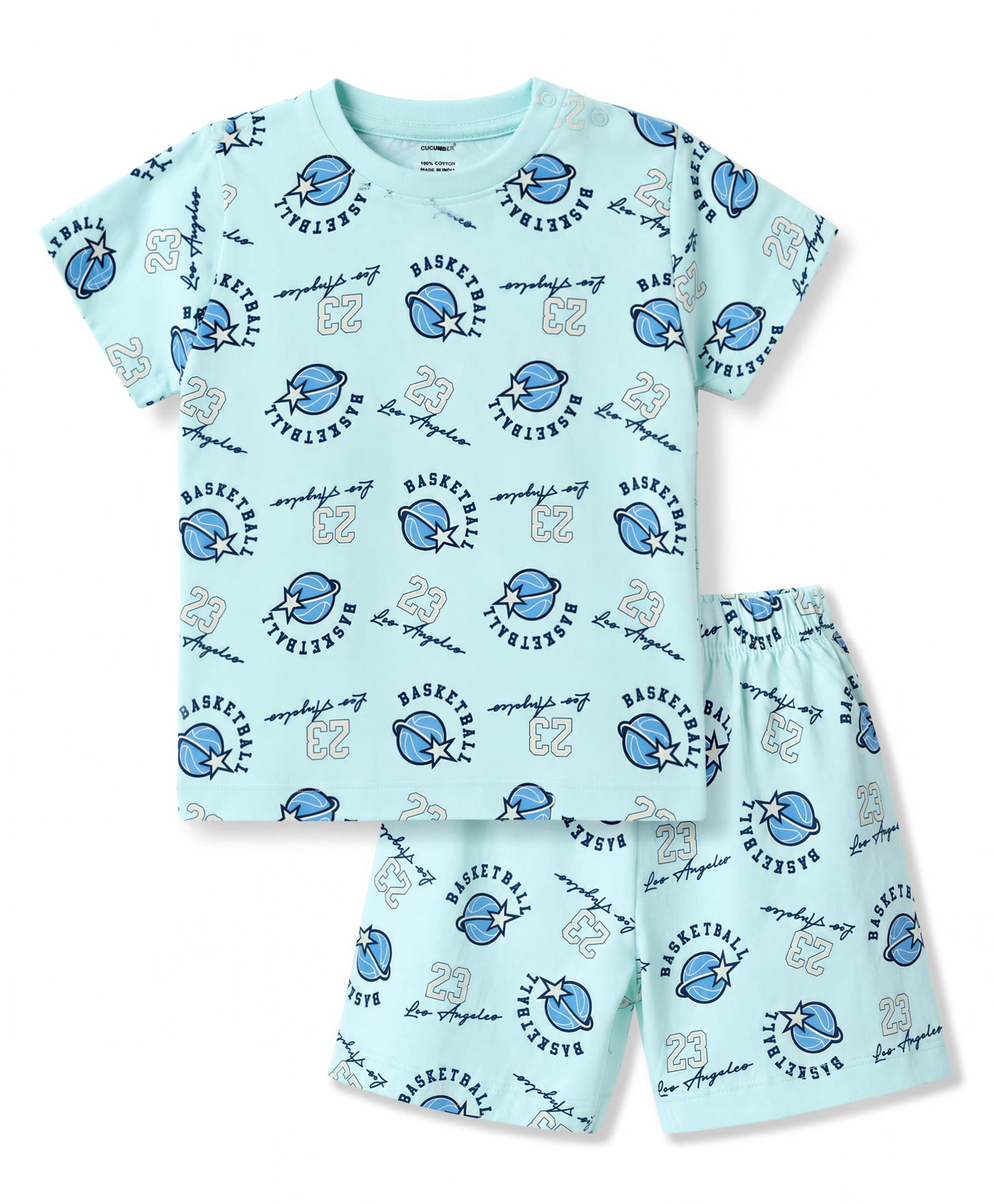 CUCUMBER Sinker Knit Half Sleeves Co-Ords Ball Printed T-Shirt & Shorts Night Suit -Aqua-image-40