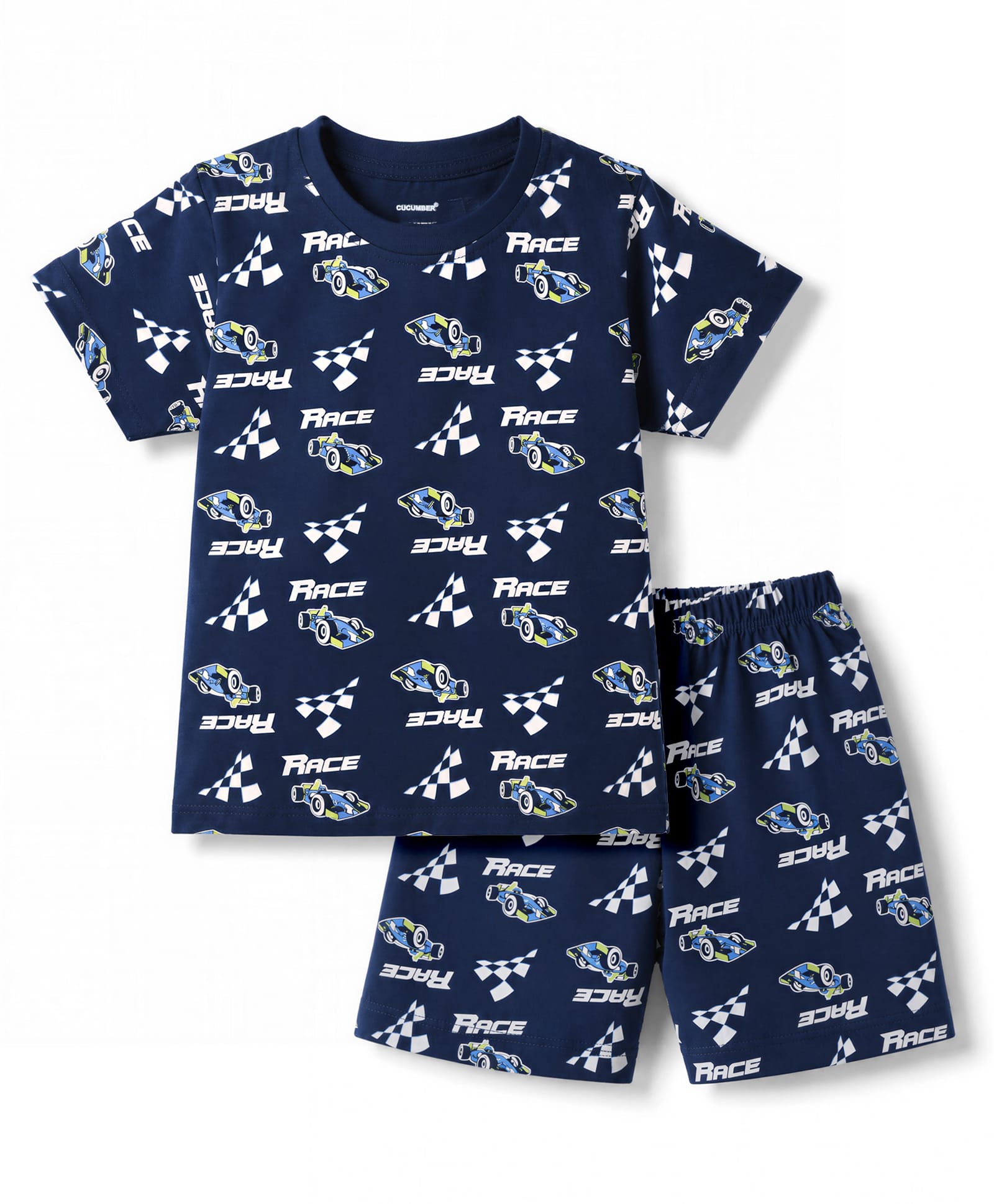 CUCUMBER Sinker Knit Half Sleeves Co-Ords Car Printed T-Shirt & Shorts Night Suit -Navy-image-14