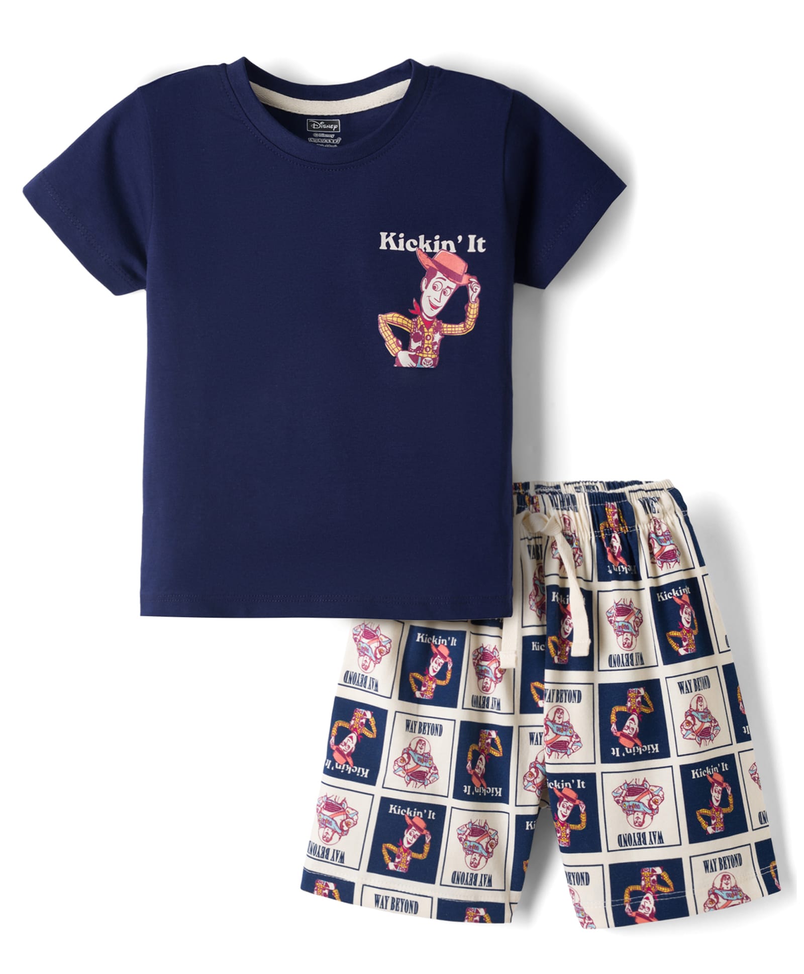 CUCUMBER Sinker Knit Half Sleeves T-Shirt & Shorts Set With Sheriff Woody Toy Graphic - Navy Blue-image-33