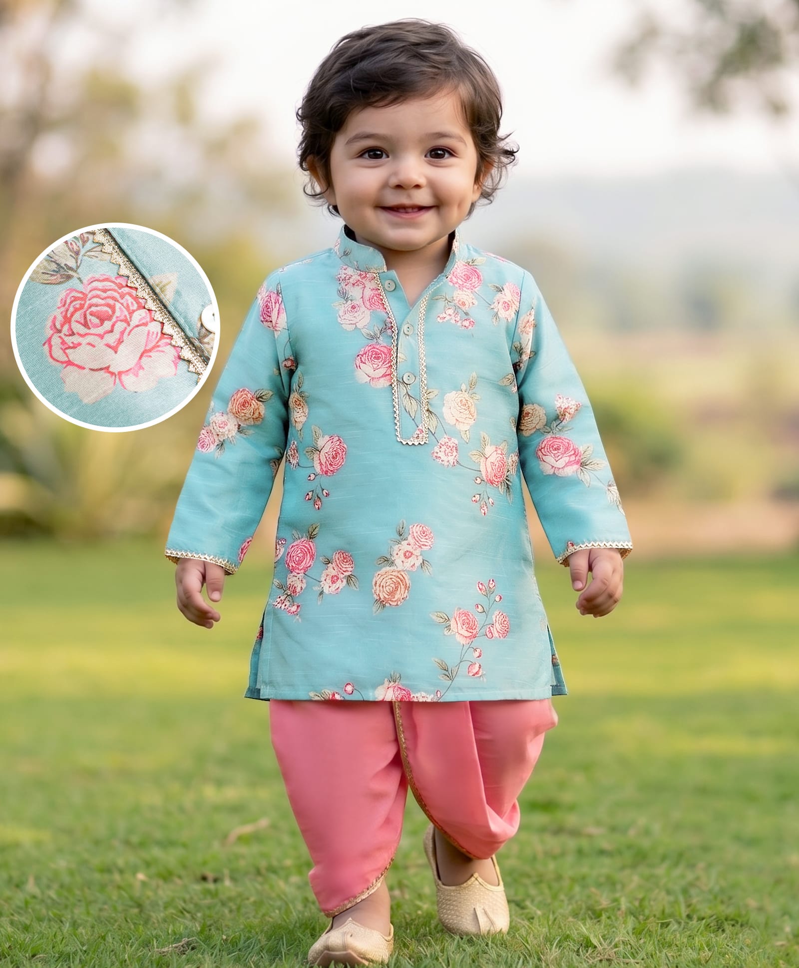 EARTHY TOUCH Chanderi Woven Full Sleeves Floral Printed Kurta Dhoti Set - Light Green-picture-16