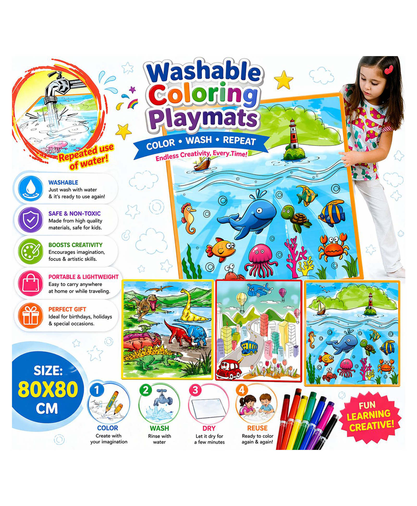SANJARY Kids Reusable Water Coloring Mat Washable Doodle Drawing Playmat with Magic Pens, Educational Creative Fun Activity Gift Toy color design may vary-picture-20