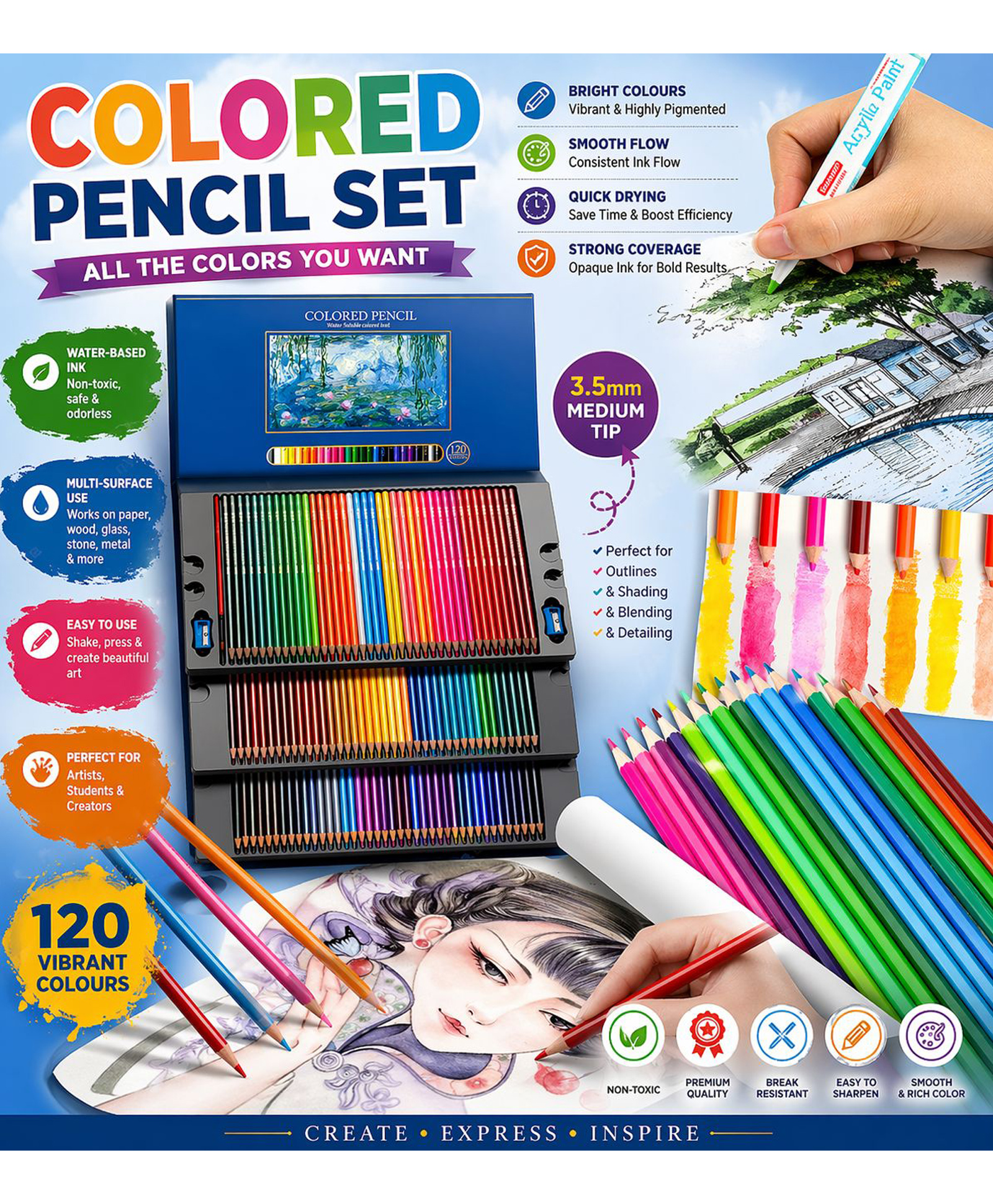 SANJARY 120 Color Pencil Set Professional Art Kit, Vibrant Soft Core Pencils for Drawing Shading Blending, Artists Students Coloring Supplies Gift Set color design may vary-image-2