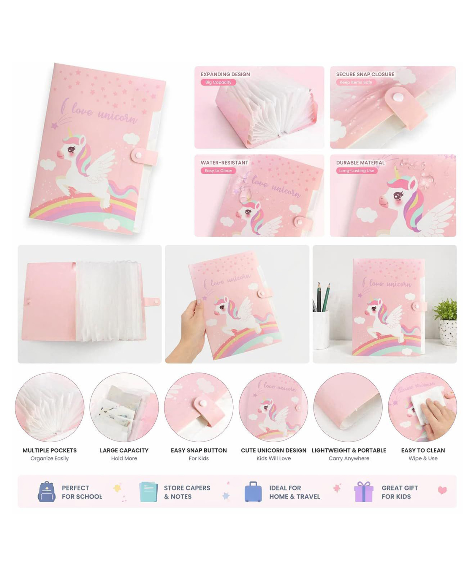 Sanjary Cute Unicorn Expanding File Folder Organizer with Multiple Pockets, Snap Closure, Waterproof Portable Document Holder for School Office Kids Gift color design may vary-image-40
