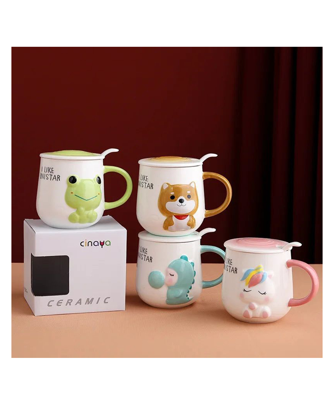 Sanjary Cute Animal Cartoon Ceramic Mug with Lid and Spoon, Coffee Tea Cup Set, Adorable Gift for Kids Home Office Drinkware color design may vary-image-40