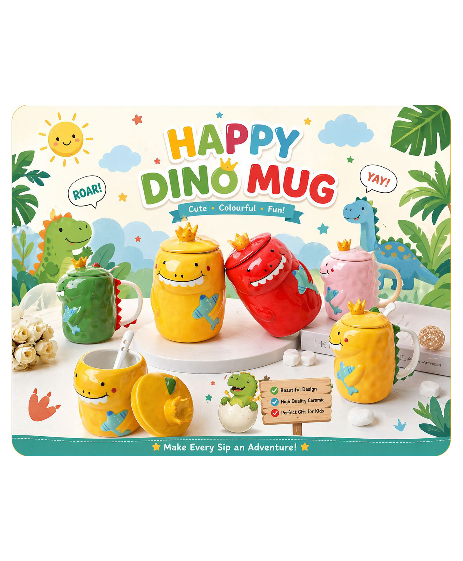 Sanjary Cute Dinosaur Ceramic Mug with Lid and Spoon, Cartoon Coffee Tea Cup, Adorable Gift Drinkware for Kids Home Office Use color design may vary-image-37
