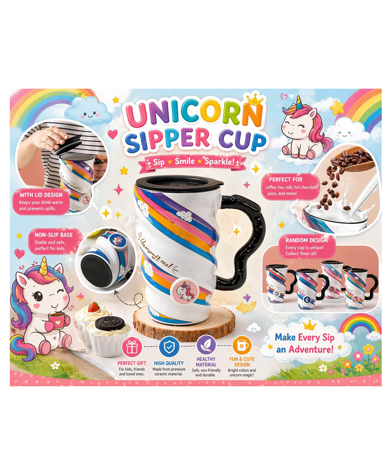 Sanjary Cute Rainbow Unicorn Ceramic Mug with Lid, Creative Twisted Coffee Tea Cup, Cartoon Gift Drinkware for Kids Home Office Use color design may vary-image-30