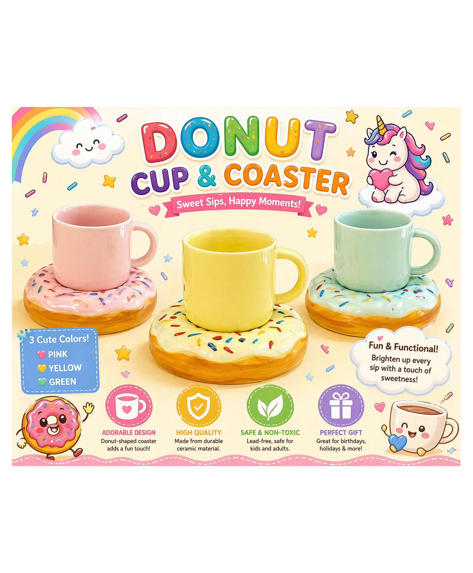 Sanjary Cute Donut Coffee Mug and Coaster Set, Ceramic Cup with Dessert Style Holder, Adorable Gift Drinkware for Home Kitchen Office Use color design may vary-image-44
