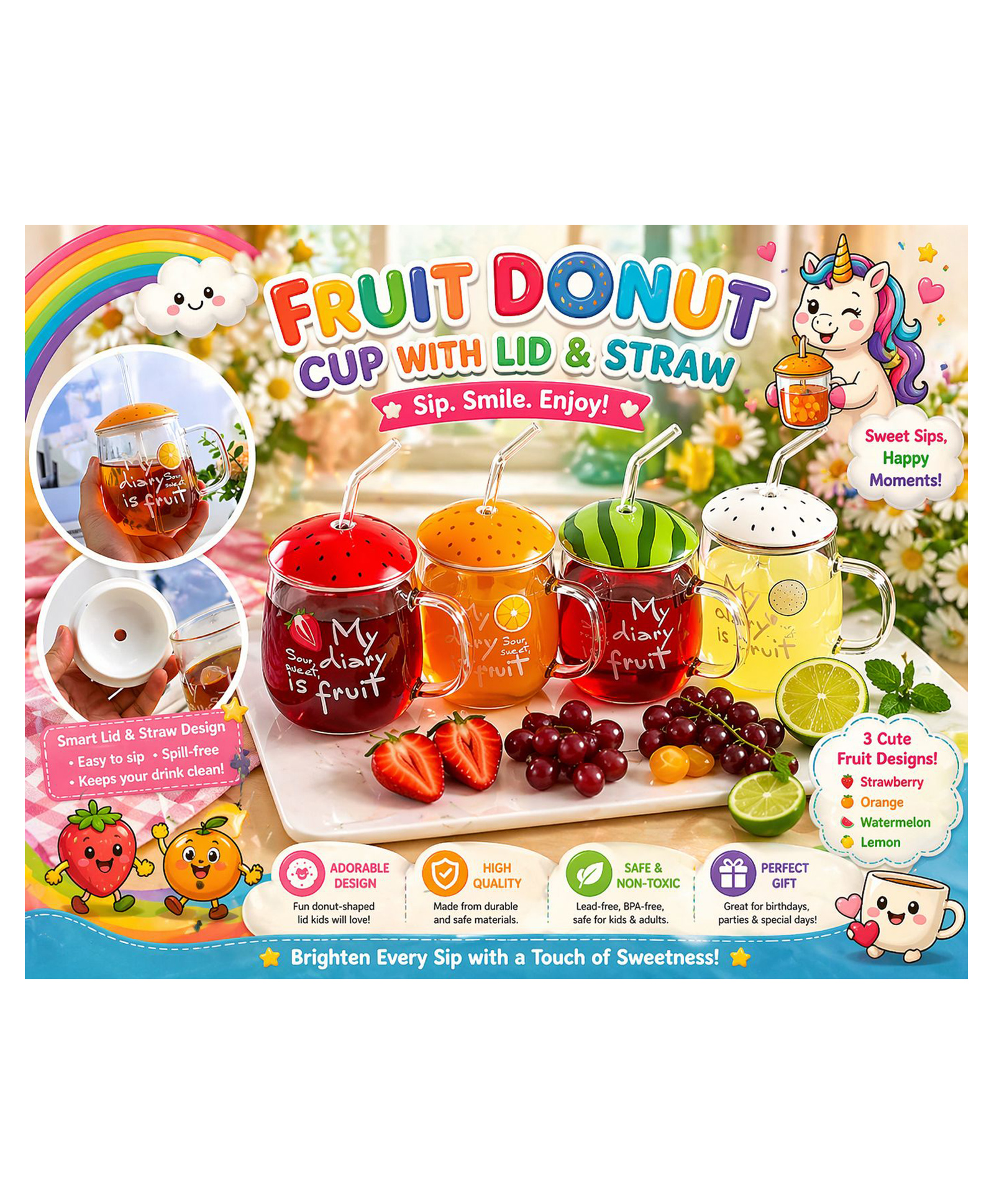 Sanjary Creative Fruit Shape Glass Mug with Lid and Straw, Transparent Juice Cup, Cute Drinkware Set for Home Kitchen Gift Use color design may vary-image-24