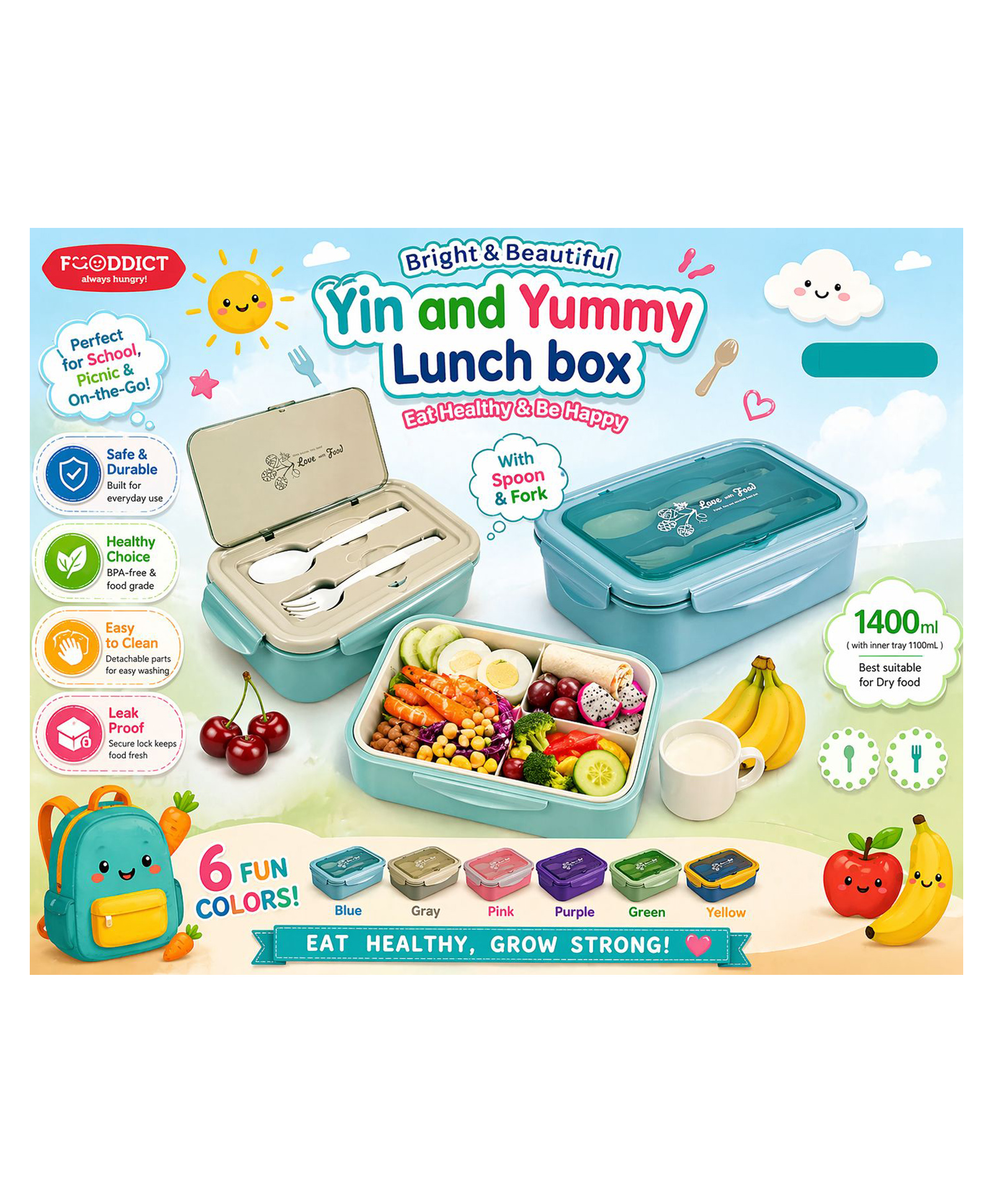 Sanjary Kids Lunch Box 1400ml Leakproof Bento Box with Stainless Steel Tray Portable School Food Storage Container color design may vary-picture-1